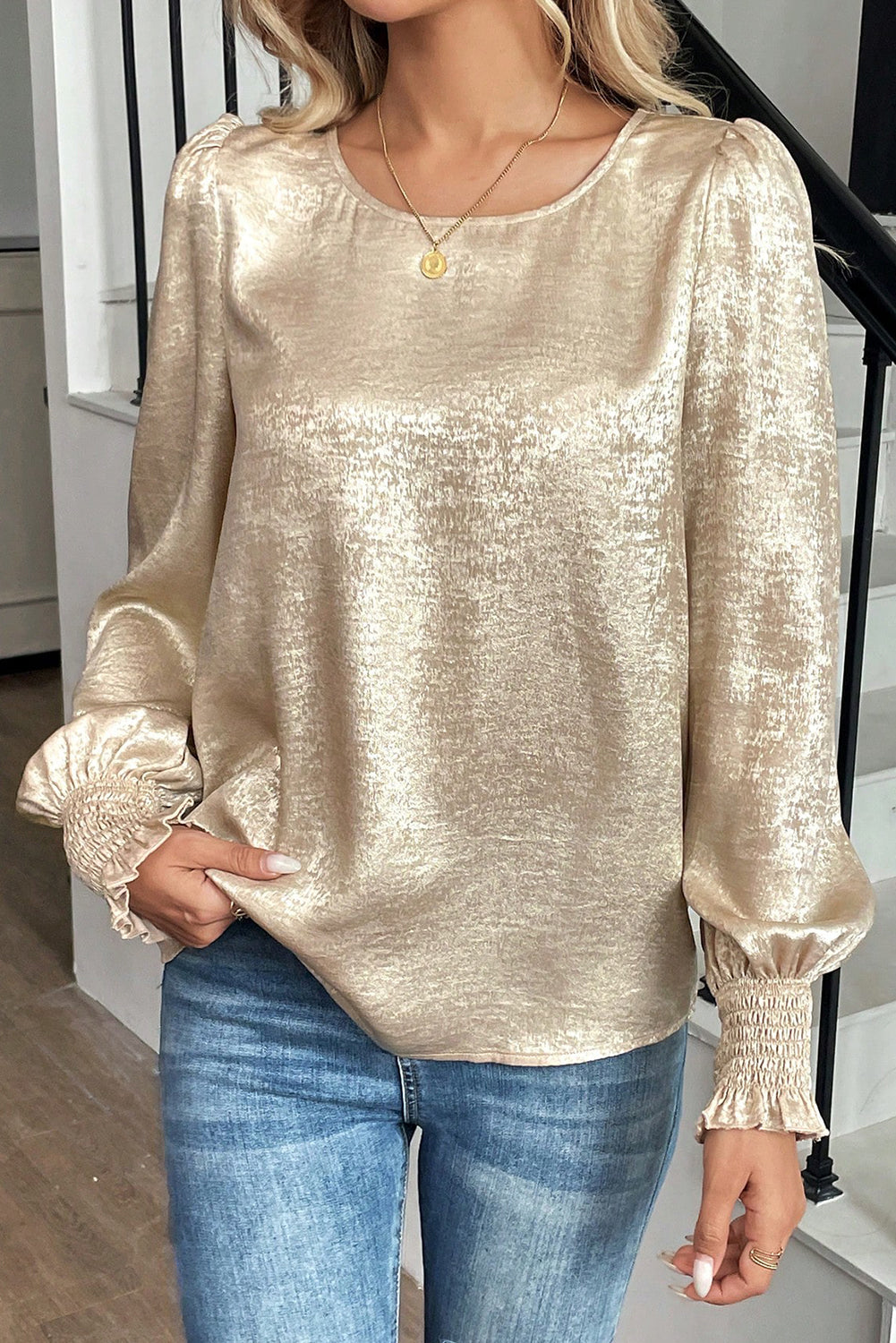 Apricot Metallic Round Neck Smocked Long Sleeve Blouse-Tops/Blouses & Shirts-[Adult]-[Female]-2022 Online Blue Zone Planet