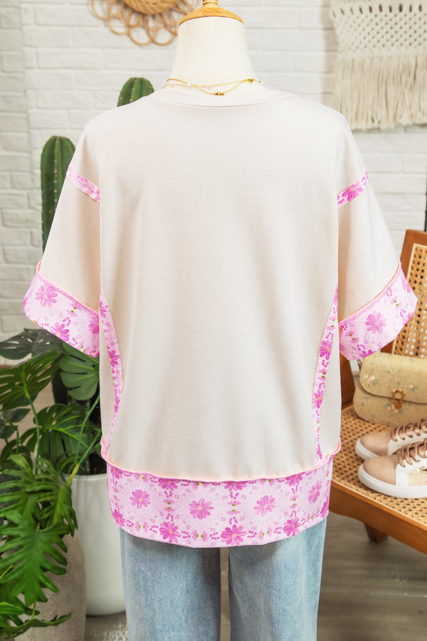 Apricot Daisy Floral Bow Contrast Patchwork Loose T Shirt-Tops/Tops & Tees-[Adult]-[Female]-2022 Online Blue Zone Planet