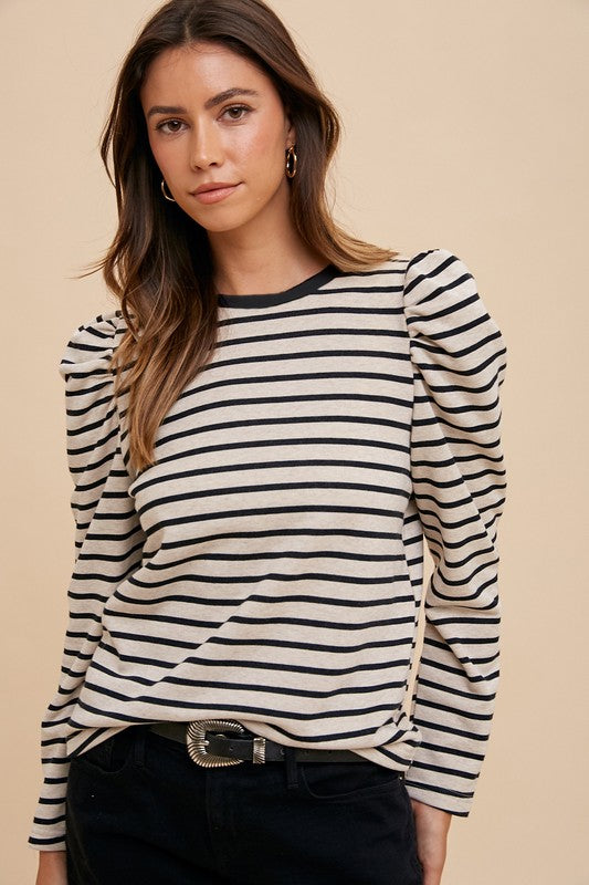 Annie Wear Striped Round Neck Puff Sleeve French Terry Top-TOPS / DRESSES-[Adult]-[Female]-Black-S-2022 Online Blue Zone Planet