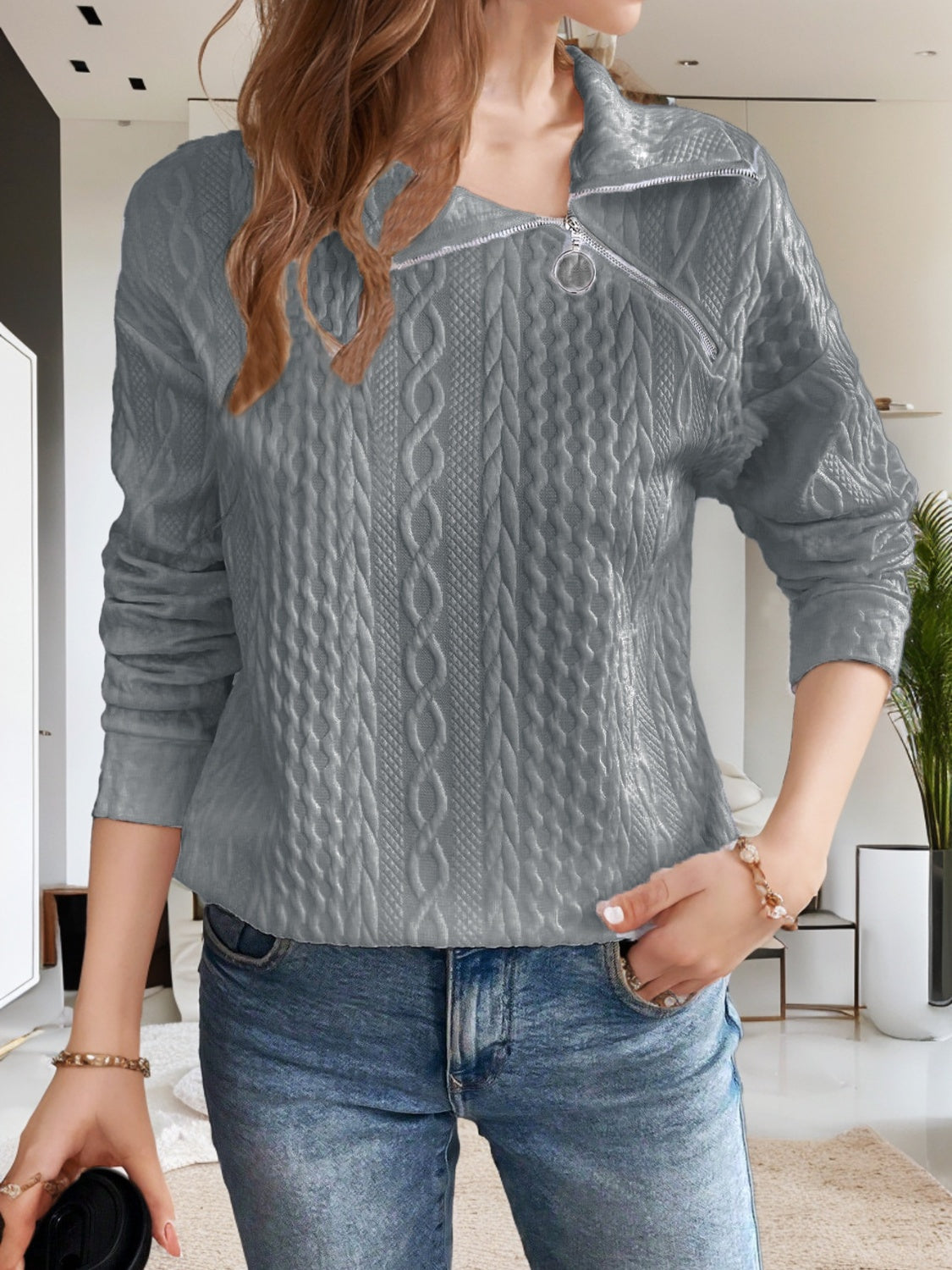 Oblique Zipper Collared Neck Long Sleeve Sweatshirt-TOPS / DRESSES-[Adult]-[Female]-Dark Gray-S-2022 Online Blue Zone Planet