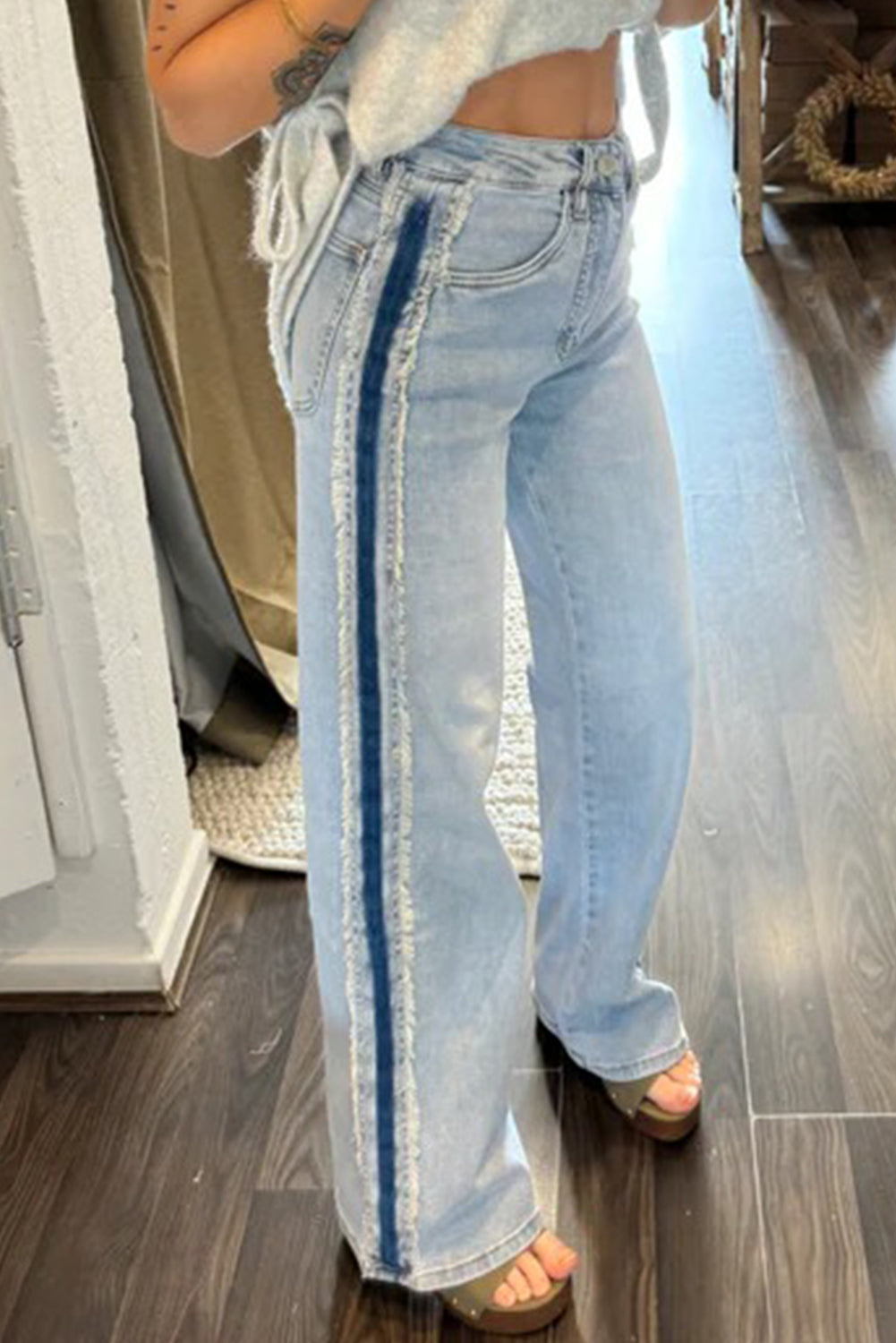 Beau Blue Contrast Stripe Frayed Side Panel Patchwork Shift Jeans-Bottoms/Jeans-[Adult]-[Female]-2022 Online Blue Zone Planet