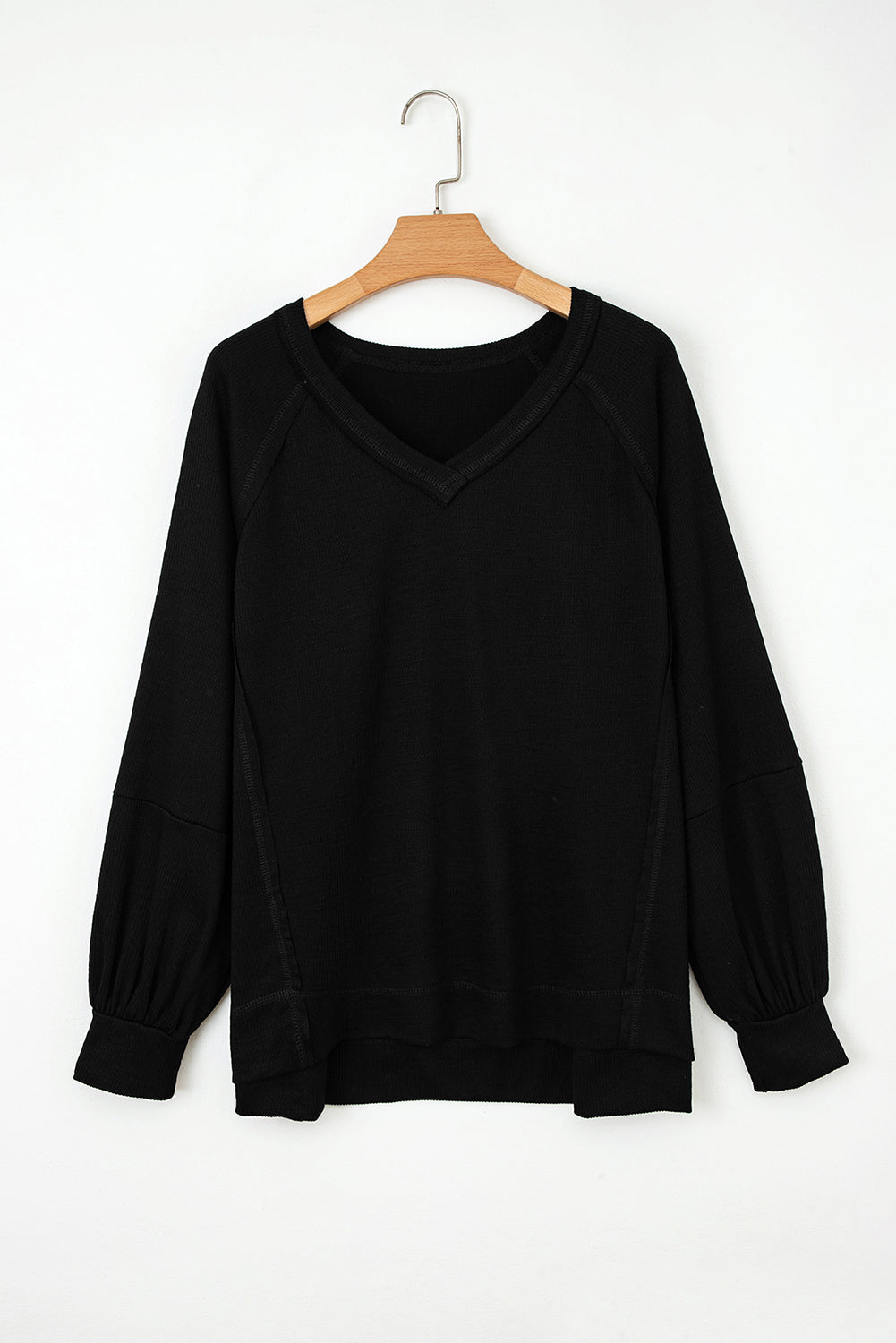 Black Exposed Seam Textured Knit V Neck Pullover Top-Tops/Long Sleeve Tops-[Adult]-[Female]-2022 Online Blue Zone Planet