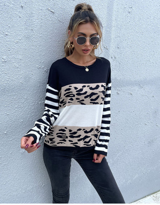 Blue Zone Planet | women's loose round neck pullover black and white leopard print sweater-TOPS / DRESSES-[Adult]-[Female]-Black-S-2022 Online Blue Zone Planet