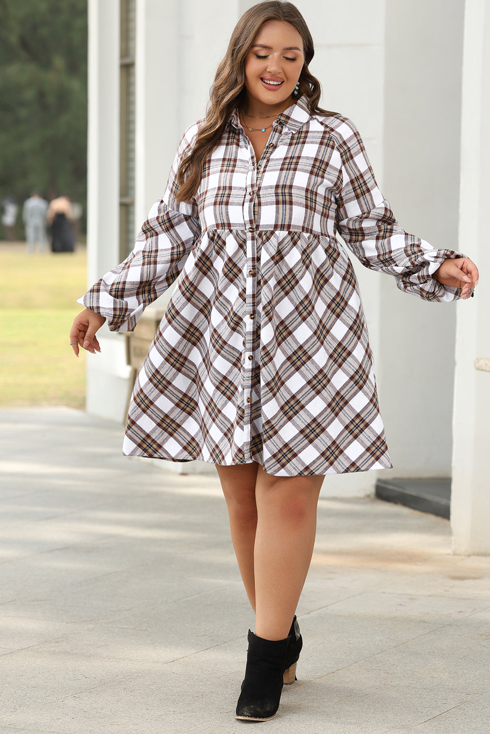 Blue Zone Planet | White Plaid Bubble Sleeve Flowy Shirt Dress-TOPS / DRESSES-[Adult]-[Female]-2022 Online Blue Zone Planet