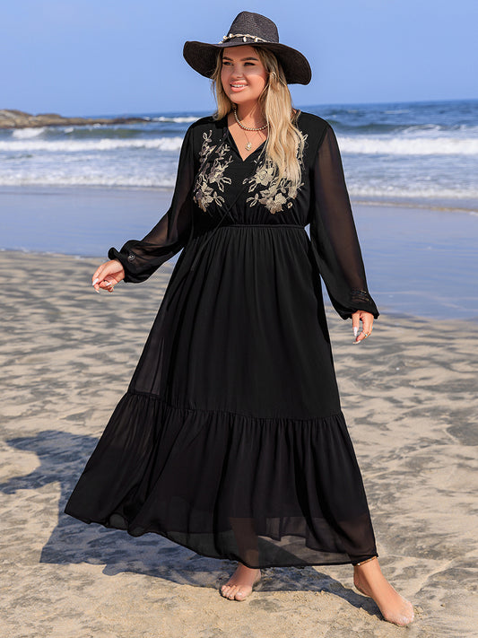 Blue Zone Planet | Plus Size Embroidered Tie Neck Long Sleeve Dress-TOPS / DRESSES-[Adult]-[Female]-Black-0XL-2022 Online Blue Zone Planet