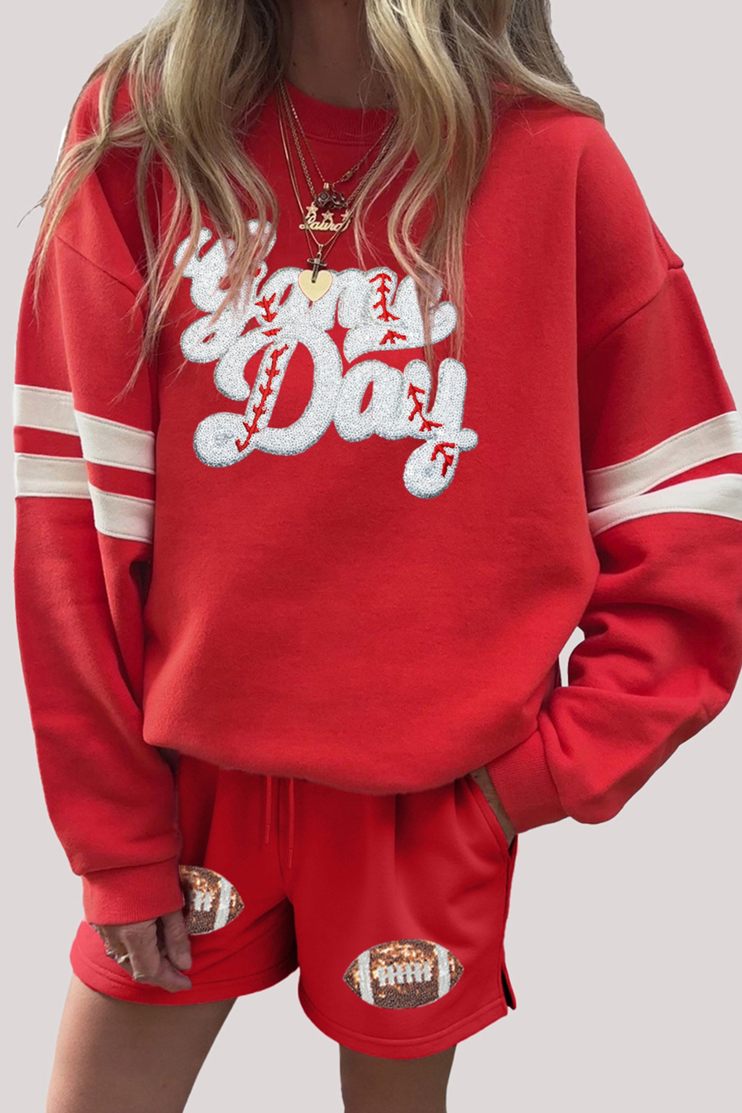 Fiery Red Glitter Game Day Slogan Football Patch Varsity Graphic Two Piece Set-Graphic/Graphic Sets-[Adult]-[Female]-2022 Online Blue Zone Planet