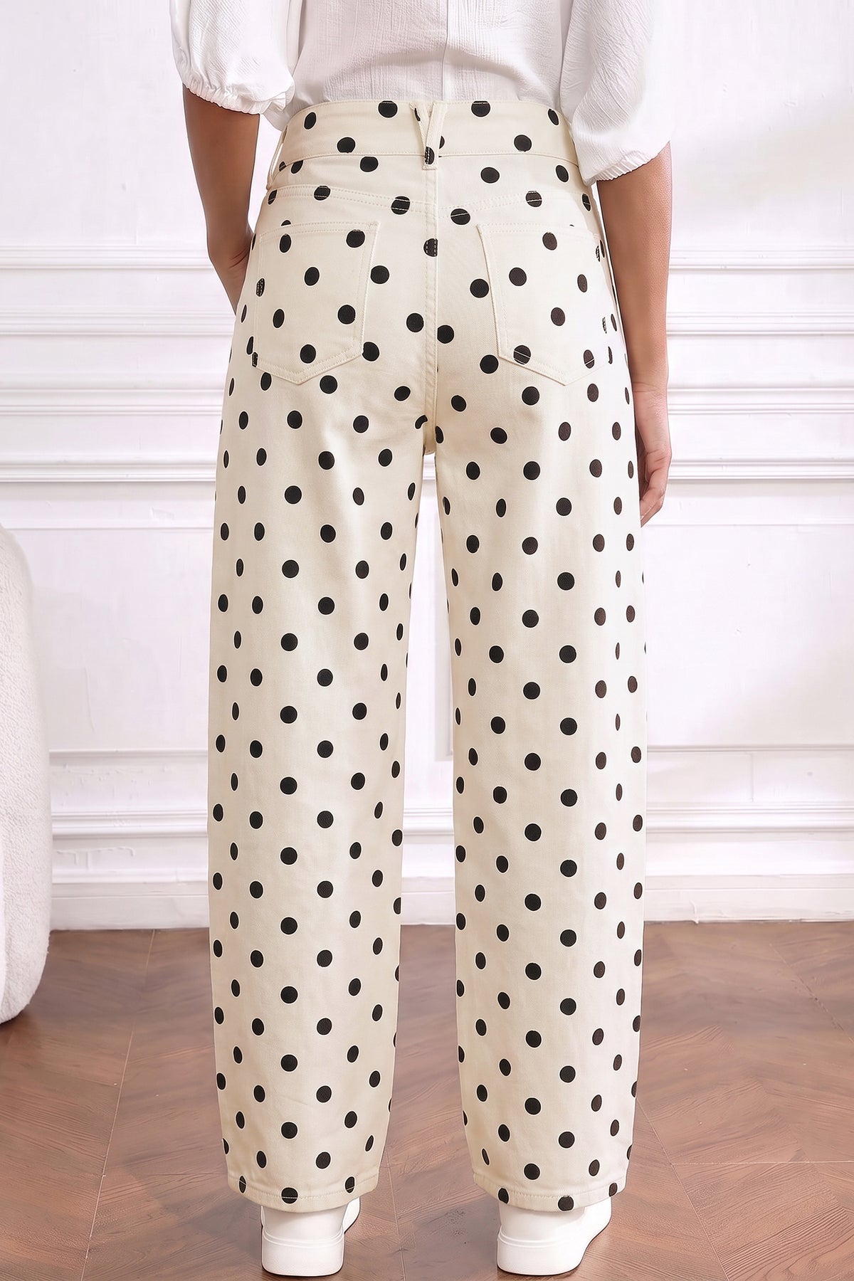 White Polka Dot Curved-Knife Ankle Denim Pants-Bottoms/Jeans-[Adult]-[Female]-2022 Online Blue Zone Planet