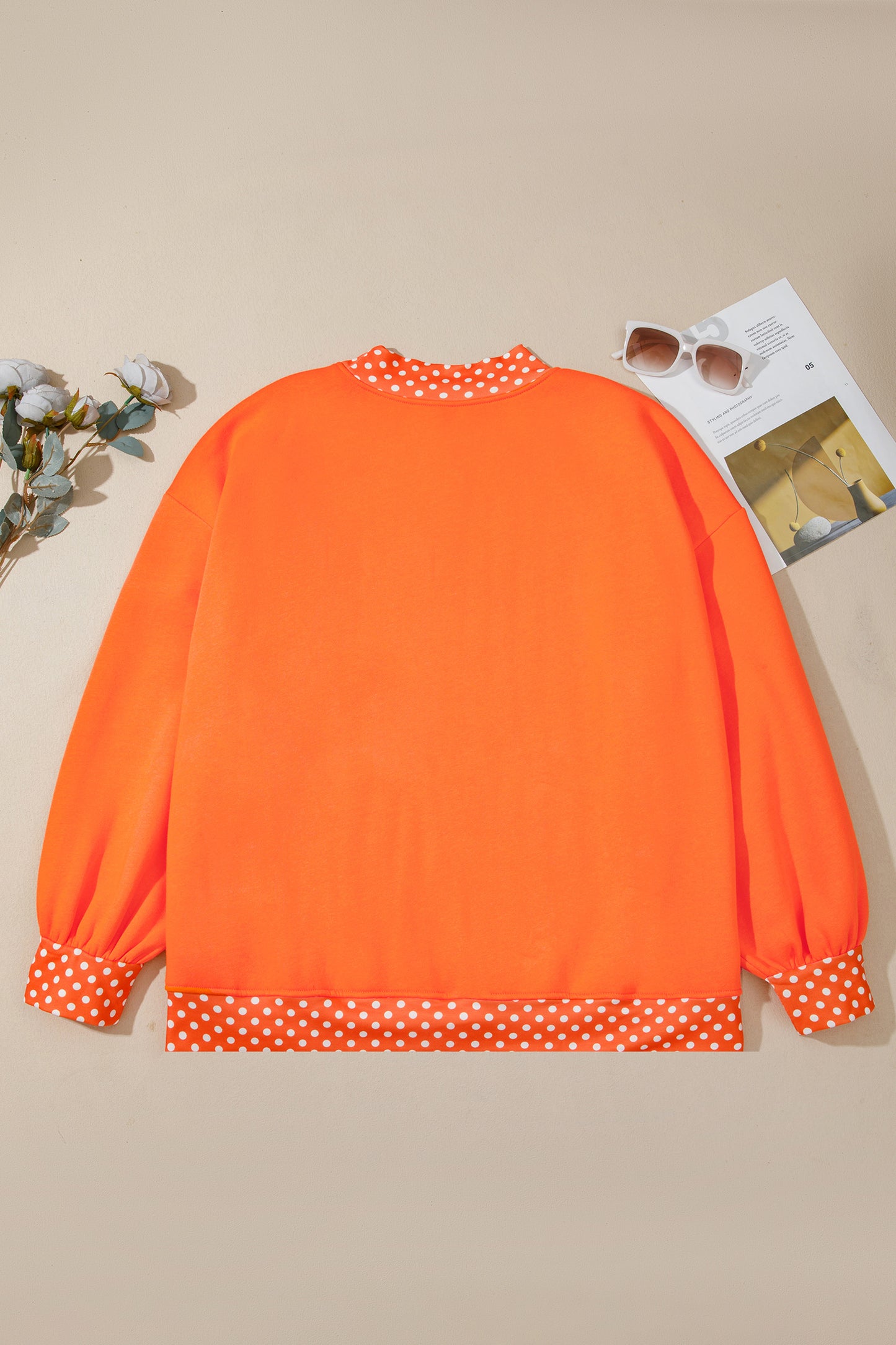 Orange Polka Dot Patchwork Round Neck Plus Size Sweatshirt-Plus Size/Plus Size Sweatshirts & Hoodies-[Adult]-[Female]-2022 Online Blue Zone Planet
