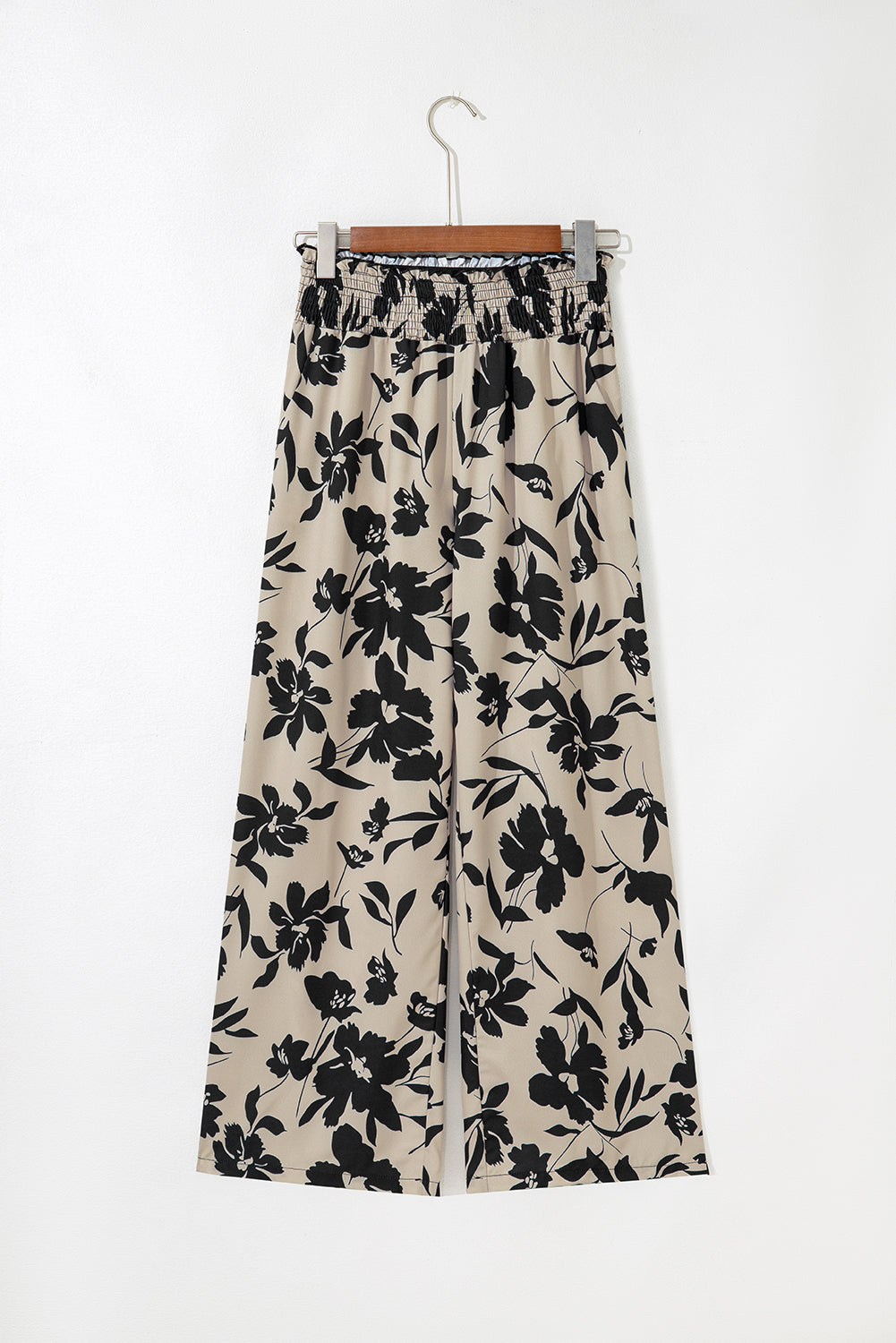 Khaki Floral Print Smocked High Waist Wide Leg Pants-Bottoms/Pants & Culotte-[Adult]-[Female]-2022 Online Blue Zone Planet