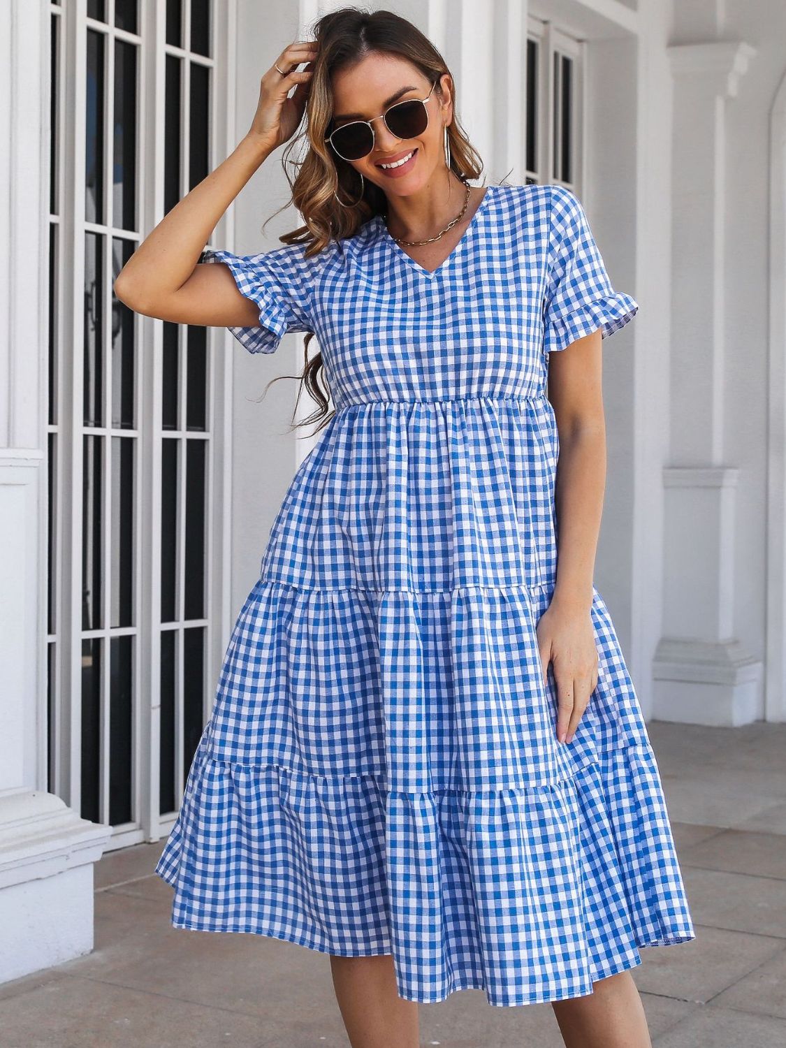 Blue Zone Planet | Plaid V-Neck Short Sleeve Midi Dress - Blue / S Blue Zone Planet | Plaid V-Neck Short Sleeve Midi Dress - Blue / S