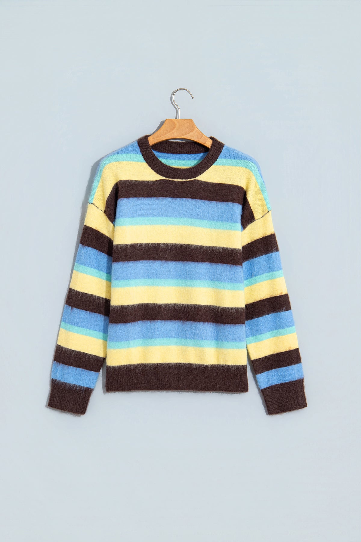 Multicolour Fuzzy Striped Knit Round Neck Casual Shift Sweater-TOPS / DRESSES-[Adult]-[Female]-2022 Online Blue Zone Planet