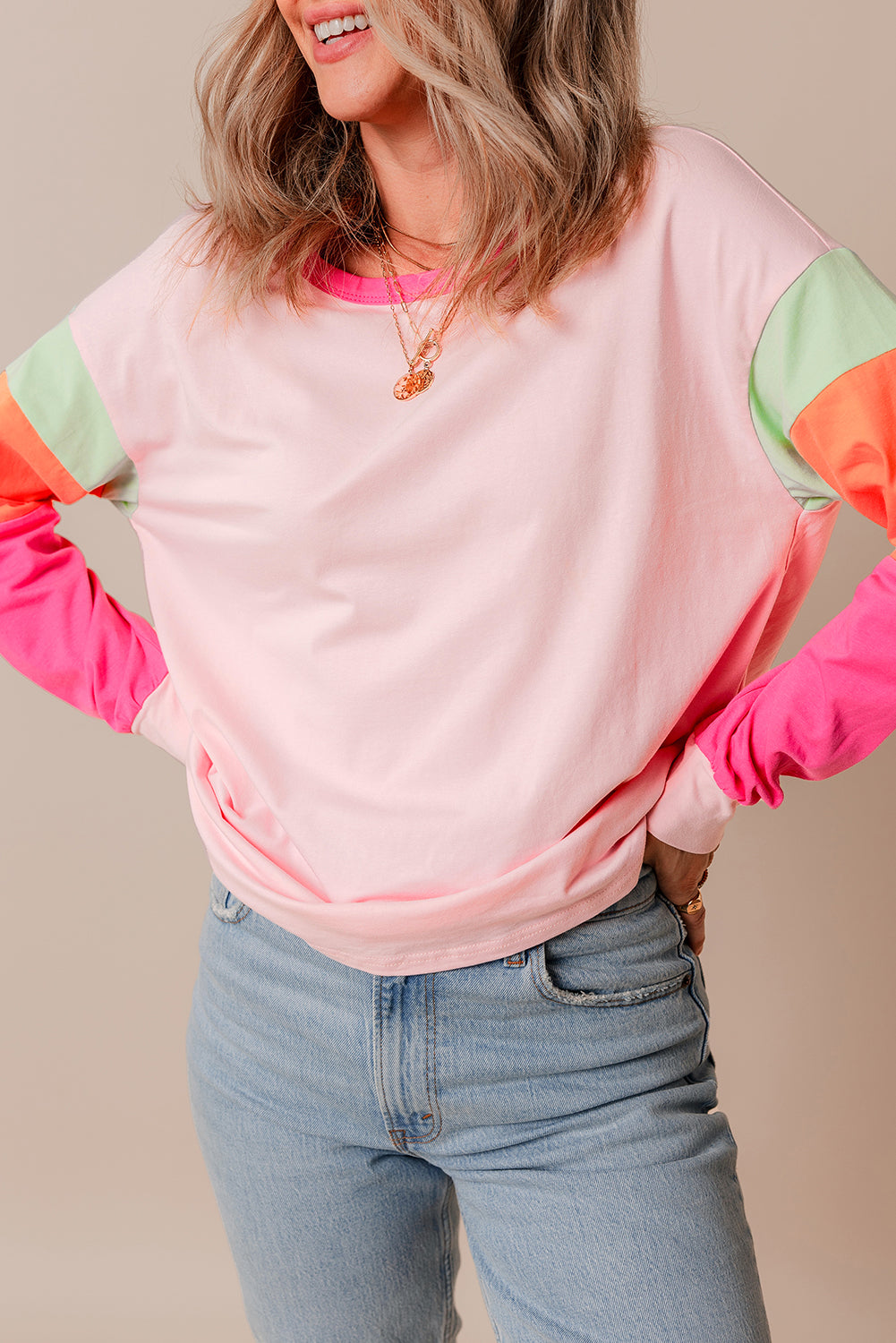 Green Colorblock Patchwork Long Sleeve Loose Top-Tops/Long Sleeve Tops-[Adult]-[Female]-2022 Online Blue Zone Planet