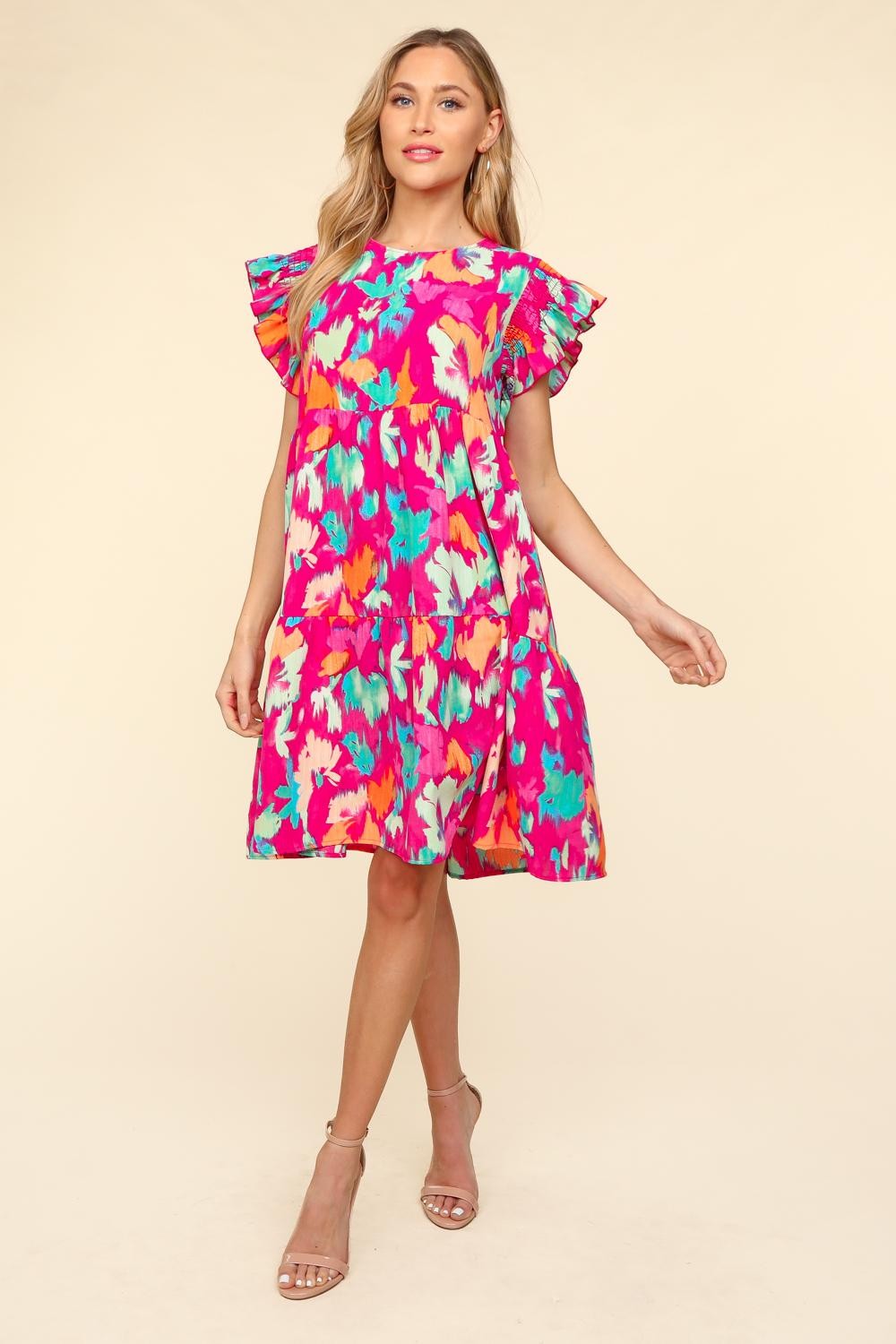 Haptics Printed Ruffled Tiered Dress with Side Pockets-TOPS / DRESSES-[Adult]-[Female]-Fuchsia/Mint-S-2022 Online Blue Zone Planet