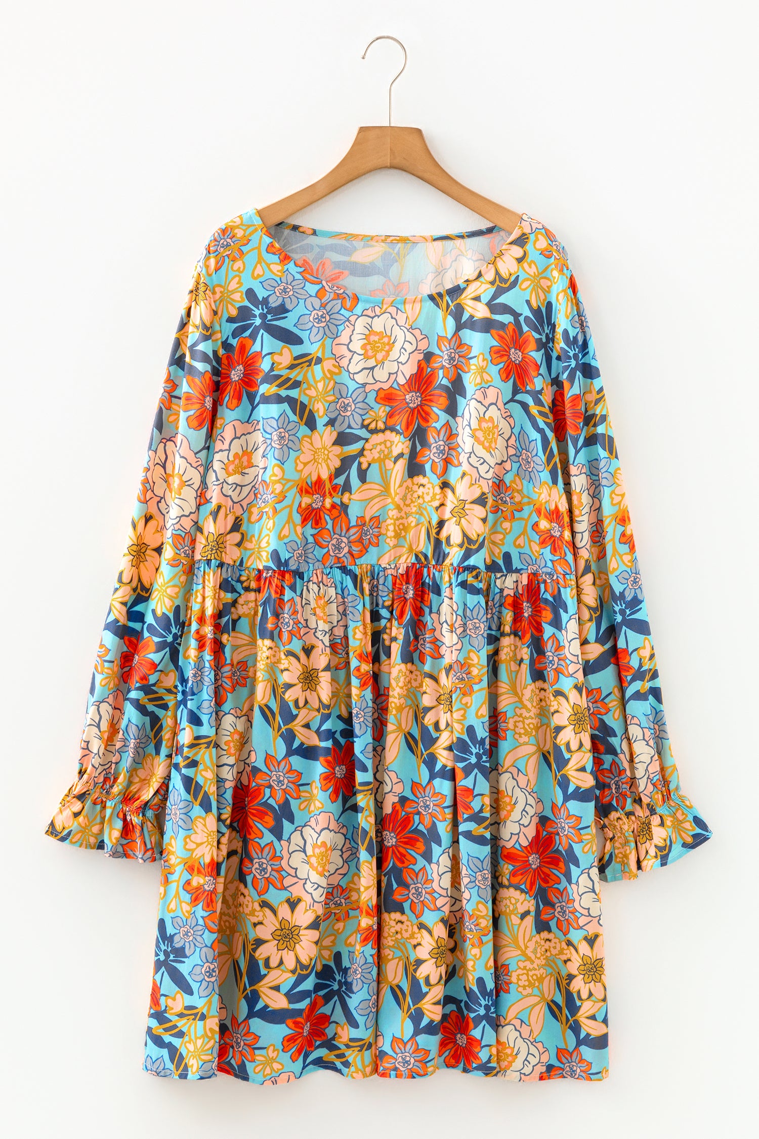 Blue Plus Size Floral Ruffled Long Sleeve Flowy Mini Dress-TOPS / DRESSES-[Adult]-[Female]-2022 Online Blue Zone Planet
