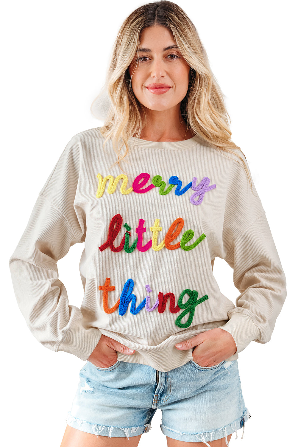 Beige Merry Little Thing Corded Letter Graphic Ribbed Loose Sweatshirt-Tops/Sweatshirts & Hoodies-[Adult]-[Female]-2022 Online Blue Zone Planet