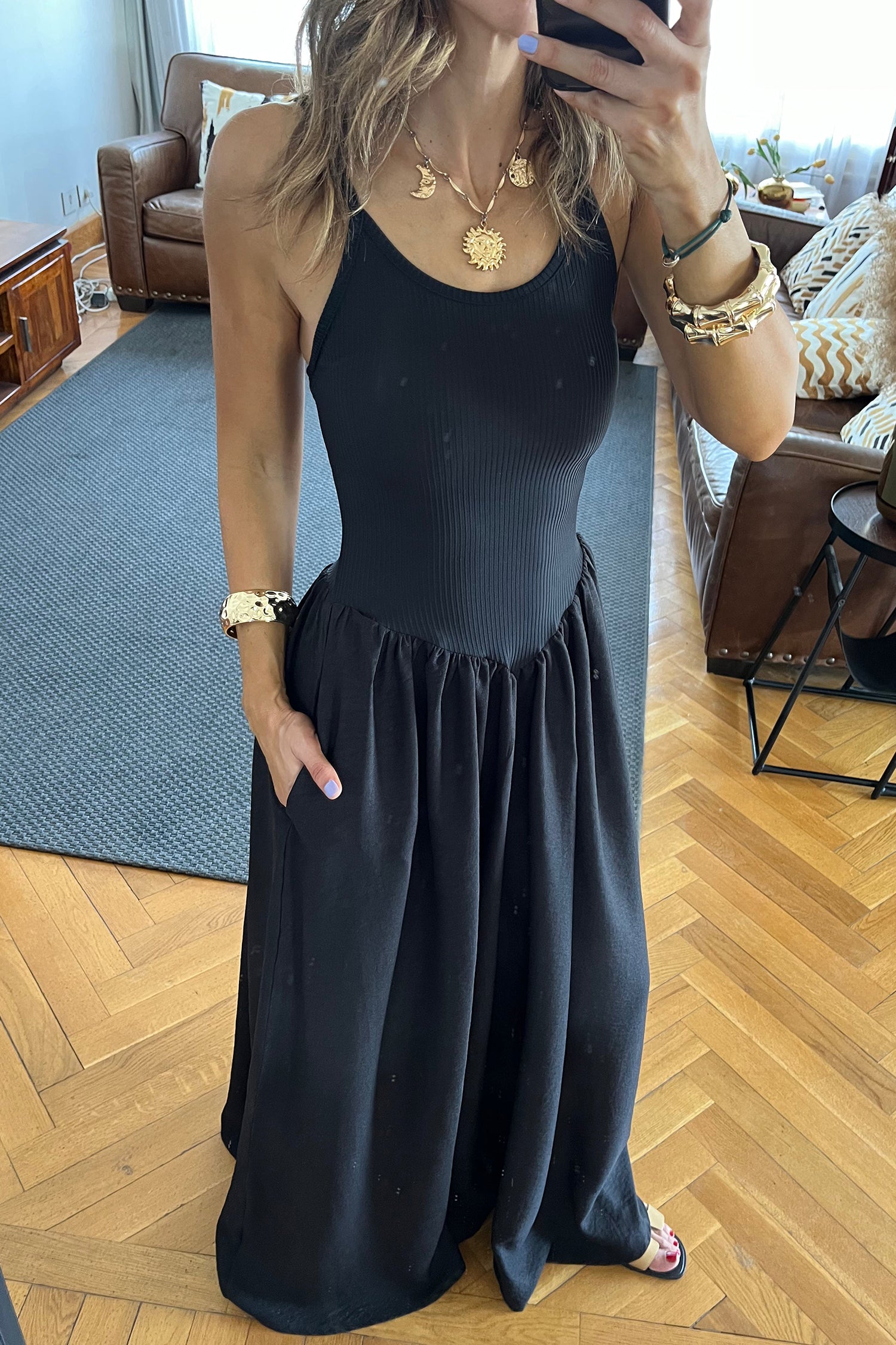 Black Spaghetti Straps Drop Waist Ribbed Patchwork Maxi Dress-Dresses/Maxi Dresses-[Adult]-[Female]-2022 Online Blue Zone Planet