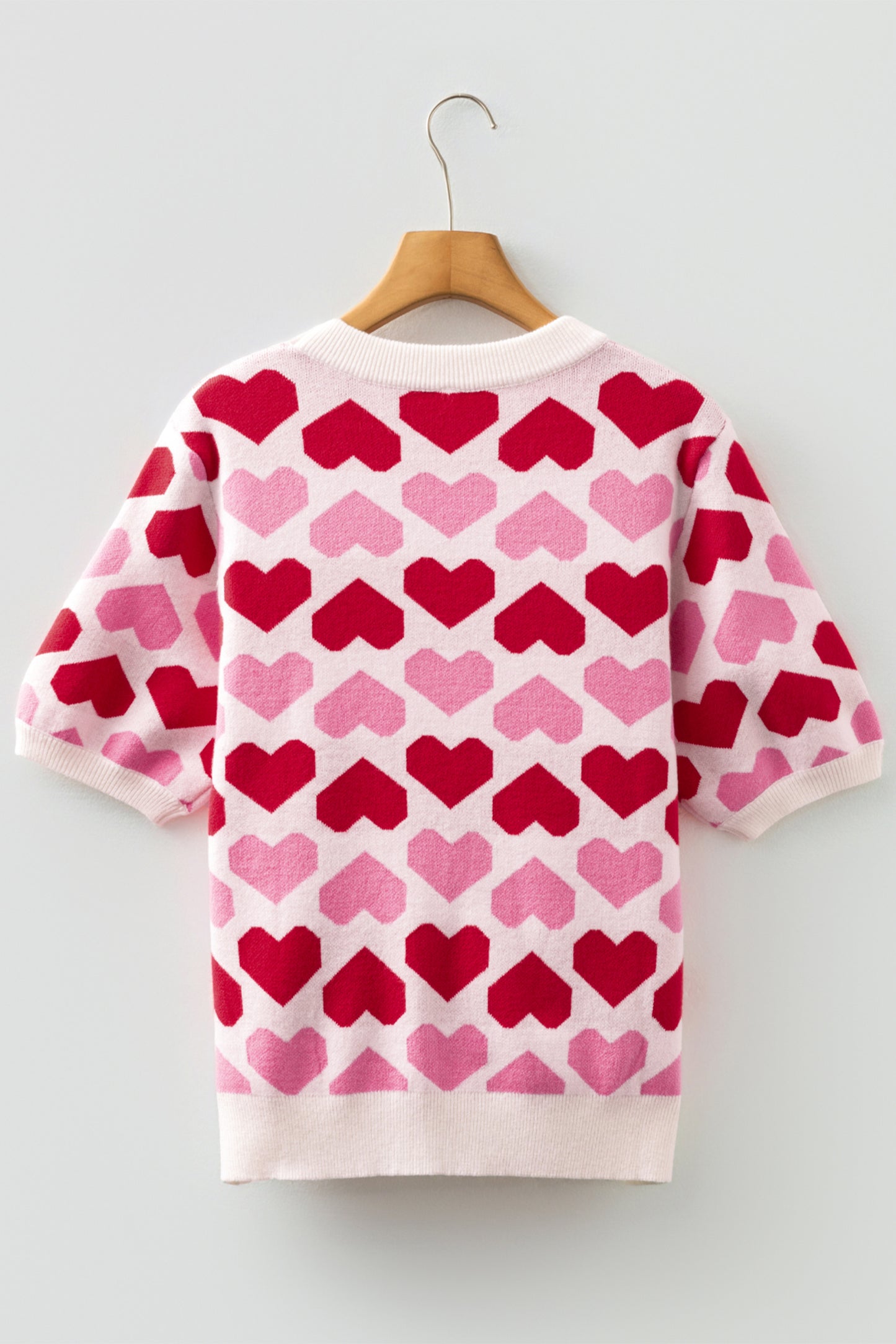 Sachet Pink 2-Tone Heart Print Valentine Crew Neck Short Sleeve Sweater-TOPS / DRESSES-[Adult]-[Female]-2022 Online Blue Zone Planet