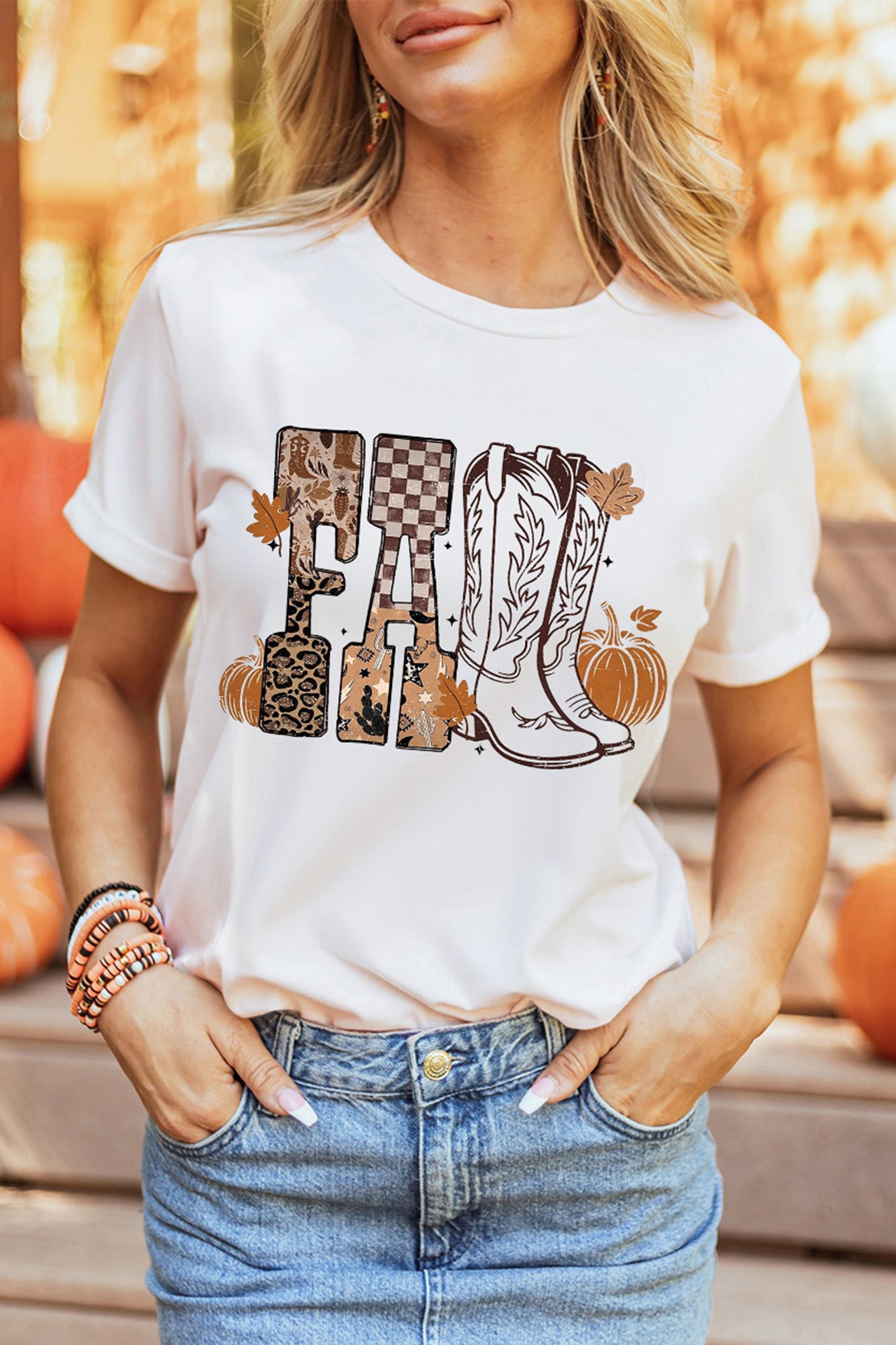 White FALL Letter Print Western Thanksgiving Graphic T-Shirt-Graphic/Graphic Tees-[Adult]-[Female]-2022 Online Blue Zone Planet