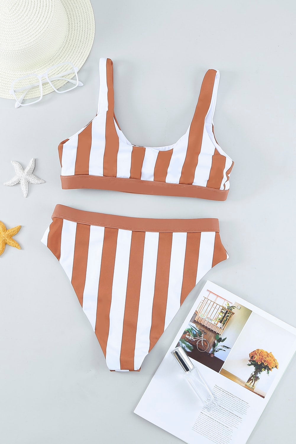 Brown Striped Colorblock Bikini Swimsuit-Bikini Sets-[Adult]-[Female]-2022 Online Blue Zone Planet