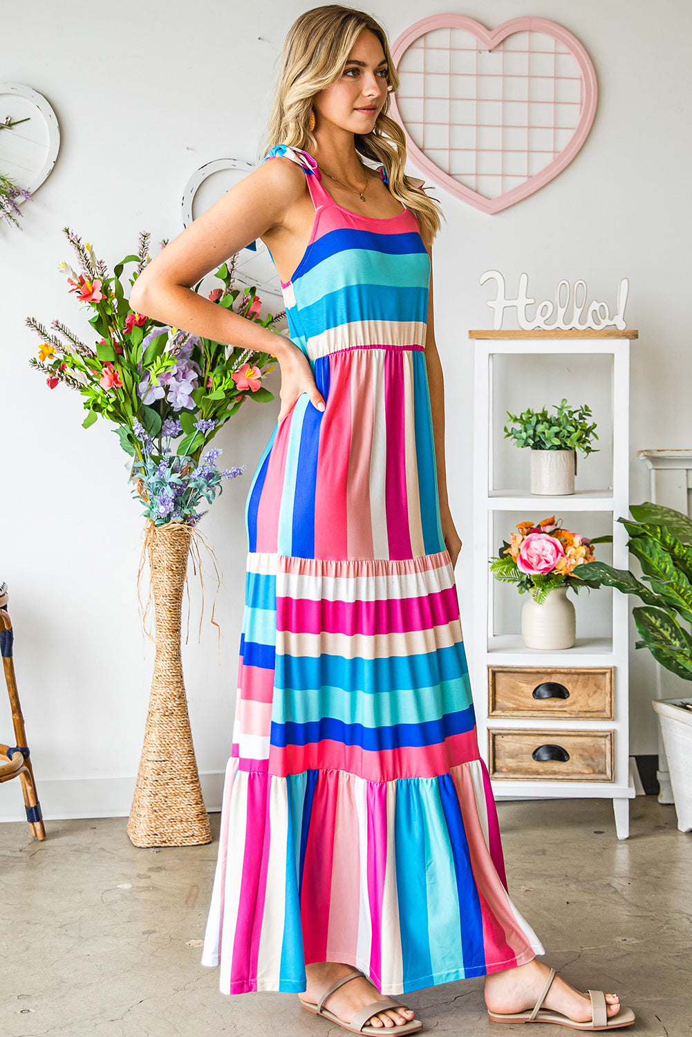 Multicolor Striped Print Bow Knot Straps Sleeveless Maxi Dress-Maxi Dresses-[Adult]-[Female]-2022 Online Blue Zone Planet