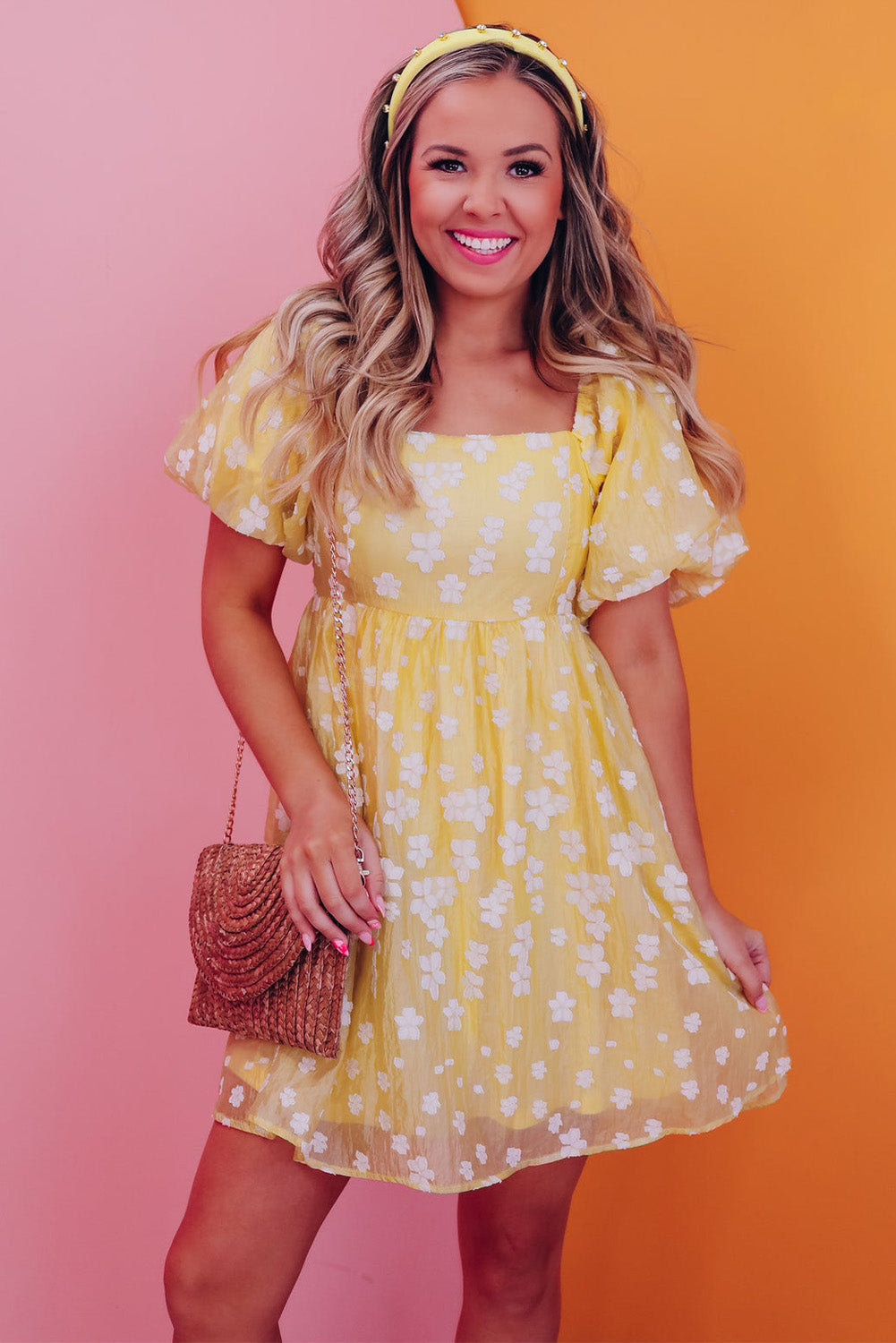 Yellow Boho Flower Jacquard Puff Sleeve Square Neck Mini Dress Blue Zone Planet