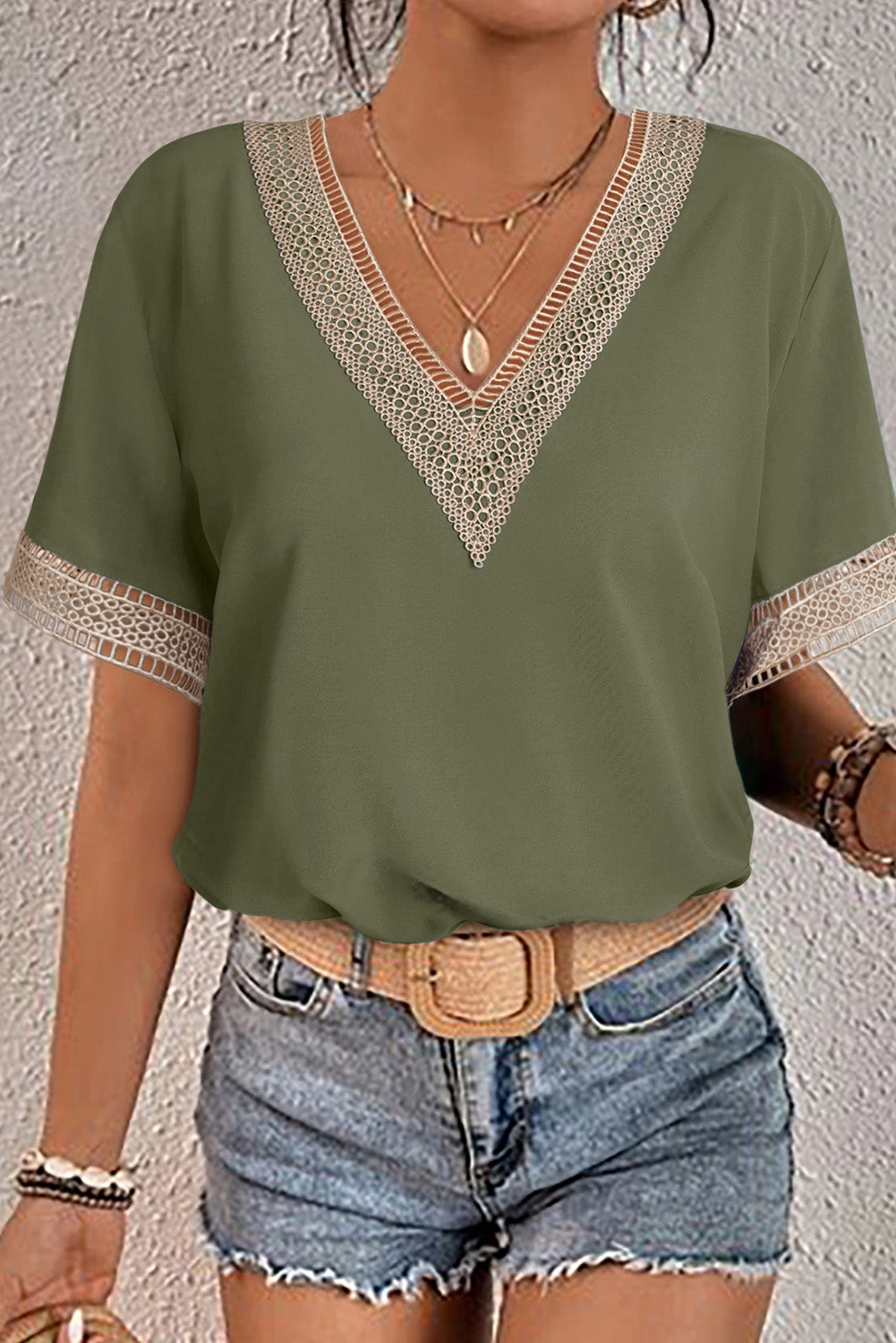 Green Lace Trim V Neck Short Sleeve Blouse-Tops/Blouses & Shirts-[Adult]-[Female]-Green-3-S-2022 Online Blue Zone Planet
