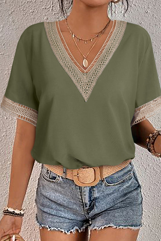 Green Lace Trim V Neck Short Sleeve Blouse-Tops/Blouses & Shirts-[Adult]-[Female]-Green-3-S-2022 Online Blue Zone Planet
