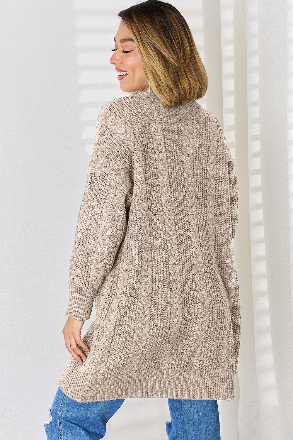 Cable-Knit Open Front Dropped Shoulder Cardigan-TOPS / DRESSES-[Adult]-[Female]-2022 Online Blue Zone Planet