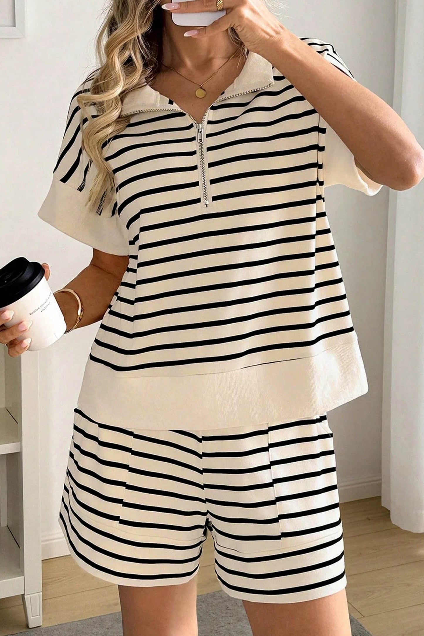 Black Stripe Ribbed Color Block Trim Zip Polo Tee Drawstring Shorts 2pcs Outfit-Two Piece Sets/Short Sets-[Adult]-[Female]-Black Stripe-S-2022 Online Blue Zone Planet