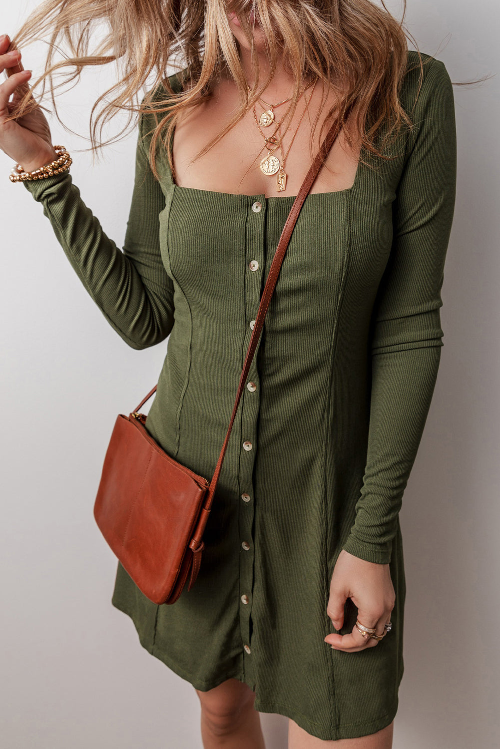 Guacamole Green Rib Knit Square Neck Buttoned Long Sleeve Mini Dress-Dresses/Mini Dresses-[Adult]-[Female]-2022 Online Blue Zone Planet