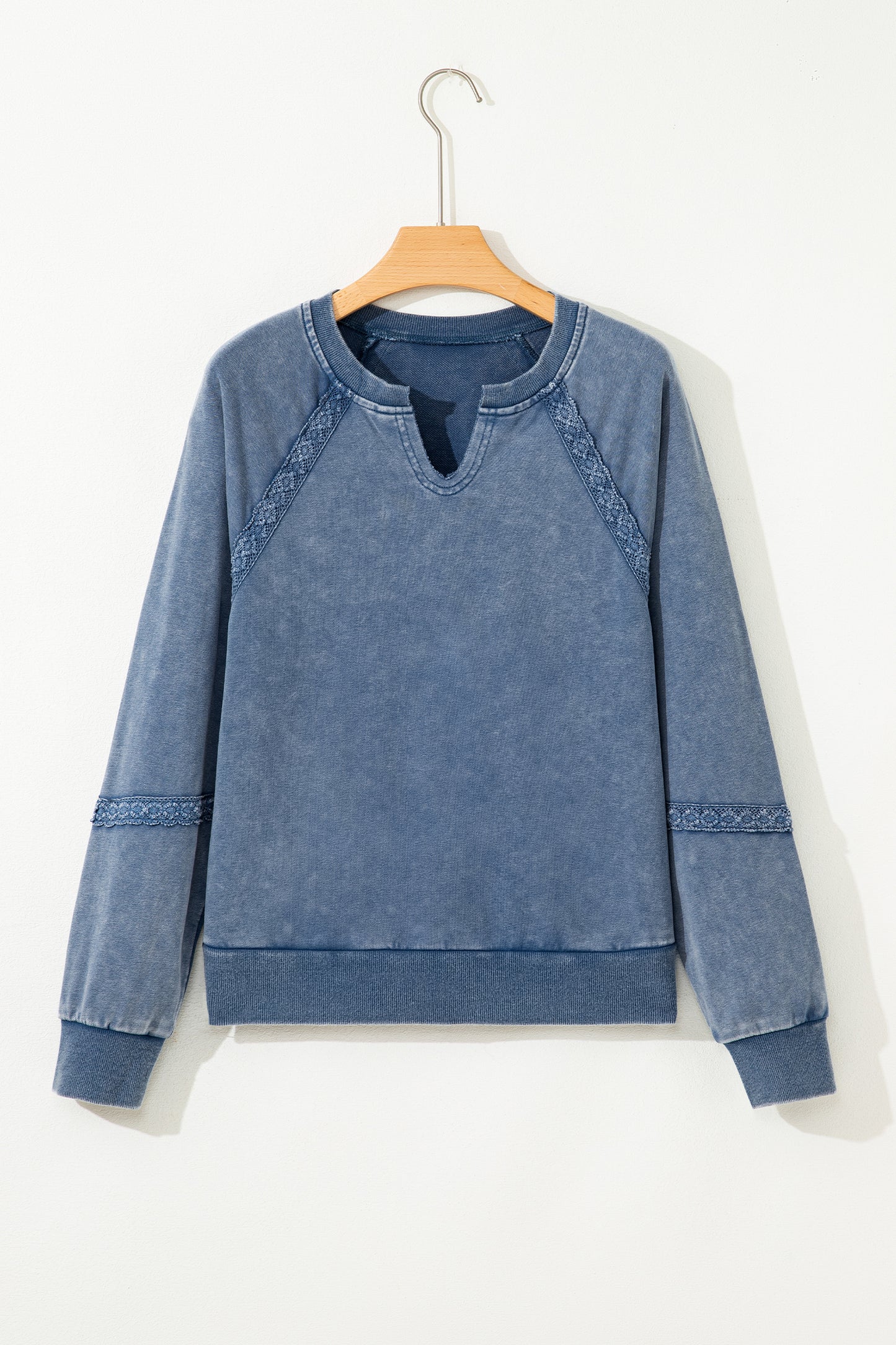 Sail Blue Lace Patchwork Detail Notched Neck Mineral Wash Baggy Sweatshirt-Tops/Sweatshirts & Hoodies-[Adult]-[Female]-2022 Online Blue Zone Planet