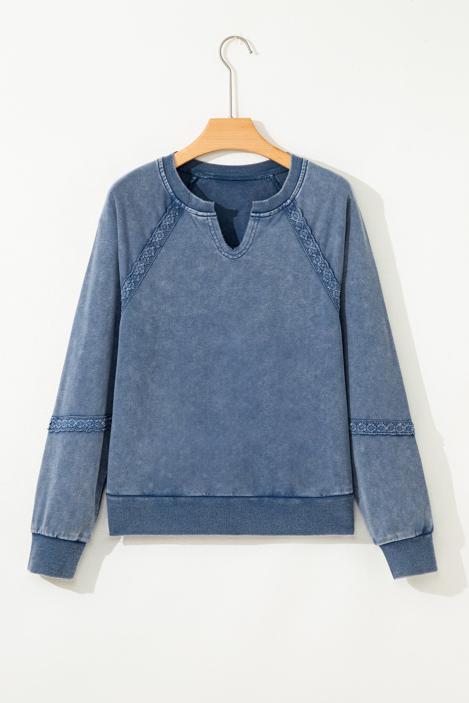 Sail Blue Lace Patchwork Detail Notched Neck Mineral Wash Baggy Sweatshirt-Tops/Sweatshirts & Hoodies-[Adult]-[Female]-2022 Online Blue Zone Planet