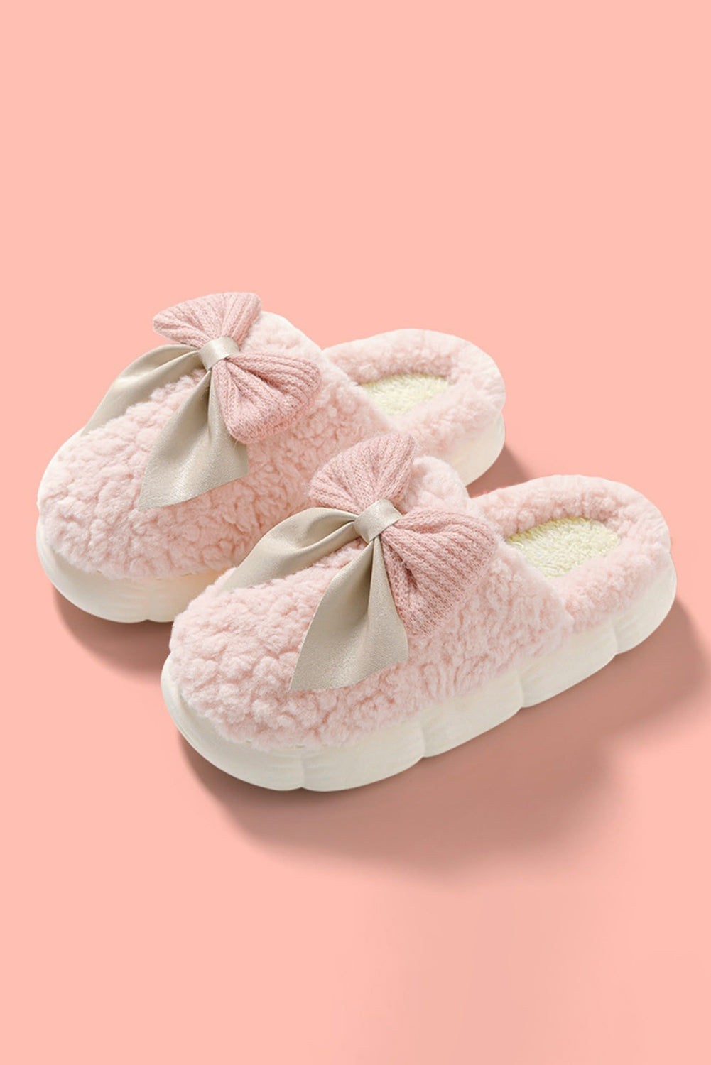 Blue Zone Planet | Pink Contrast Bowknot Applique Plush Winter Slippers-SHOES-[Adult]-[Female]-2022 Online Blue Zone Planet