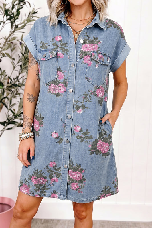 Sky Blue Denim Floral Print Cuffed Short Sleeve Button Down Shift Dress-TOPS / DRESSES-[Adult]-[Female]-Sky Blue-S-2022 Online Blue Zone Planet