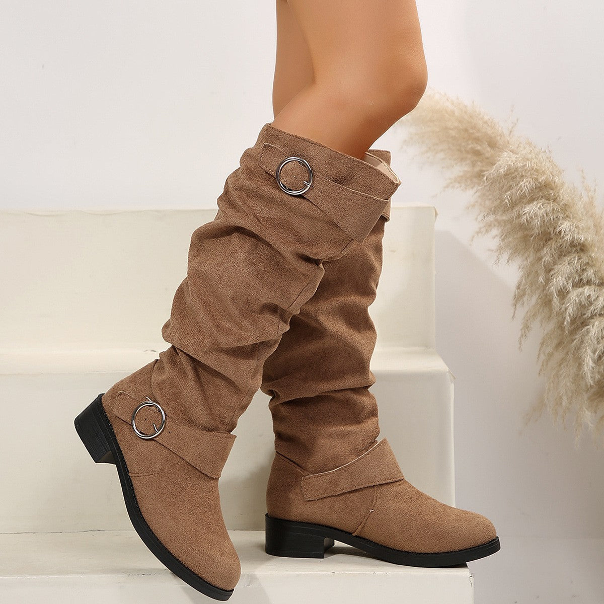 Buckle Round Toe Block Heel Boots-SHOES-[Adult]-[Female]-2022 Online Blue Zone Planet