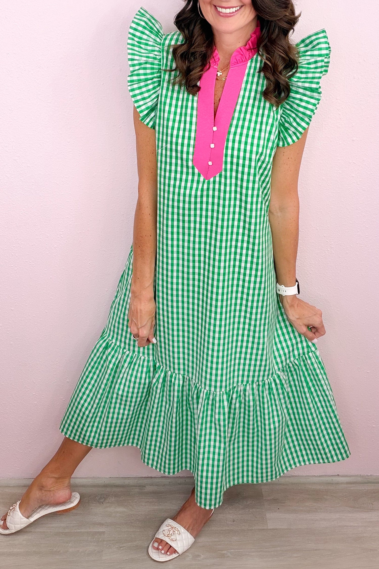 Bright Green Summer Color-Blocked Plaid Pattern Midi Dress-Dresses/Midi Dresses-[Adult]-[Female]-Bright Green-S-2022 Online Blue Zone Planet
