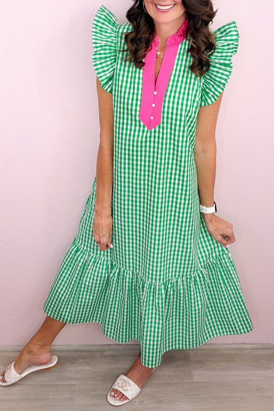 Bright Green Summer Color-Blocked Plaid Pattern Midi Dress-Dresses/Midi Dresses-[Adult]-[Female]-Bright Green-S-2022 Online Blue Zone Planet