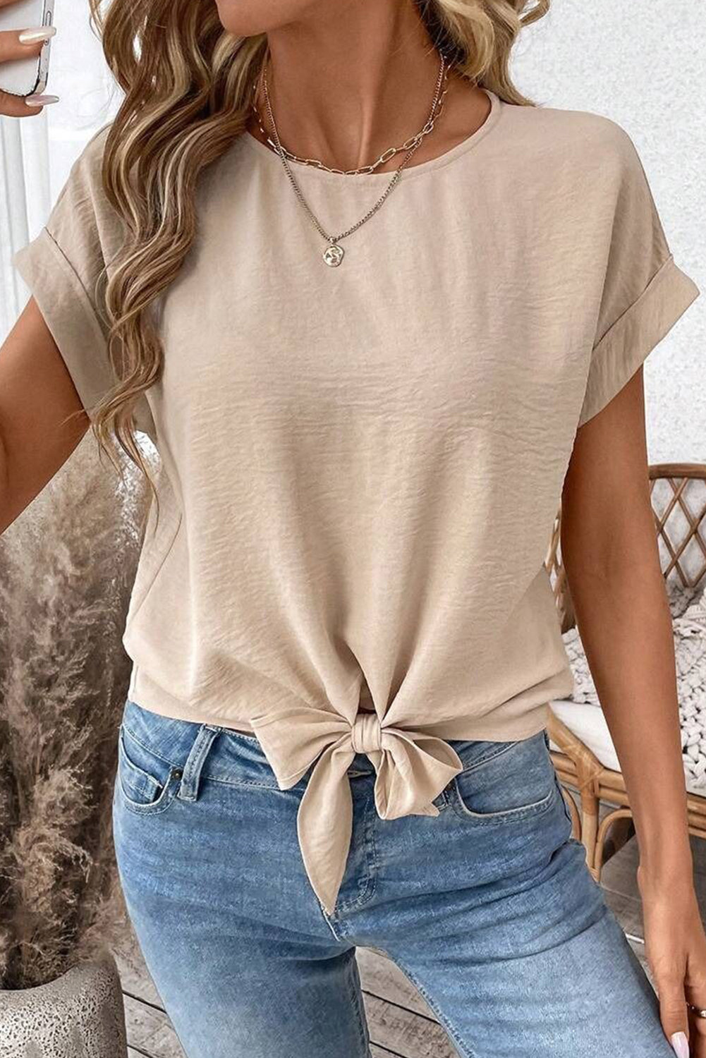 Parchment Solid Color Knotted Hem Short Sleeve Blouse-Tops/Tops & Tees-[Adult]-[Female]-2022 Online Blue Zone Planet