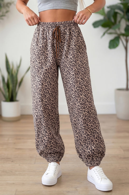 Khaki Leopard Print Elastic Waist Ankle Length Pants-Bottoms/Pants & Culotte-[Adult]-[Female]-Khaki-S-2022 Online Blue Zone Planet