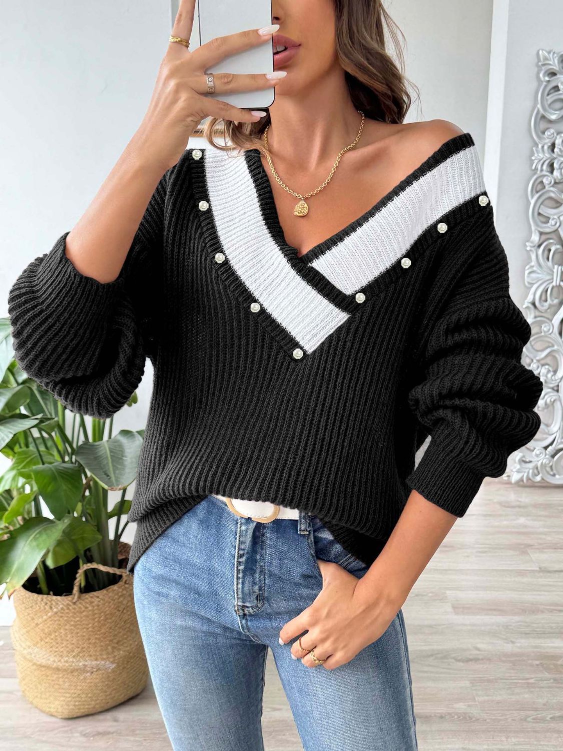 Contrast Trim Dropped Shoulder Long Sleeve Sweater-TOPS / DRESSES-[Adult]-[Female]-2022 Online Blue Zone Planet