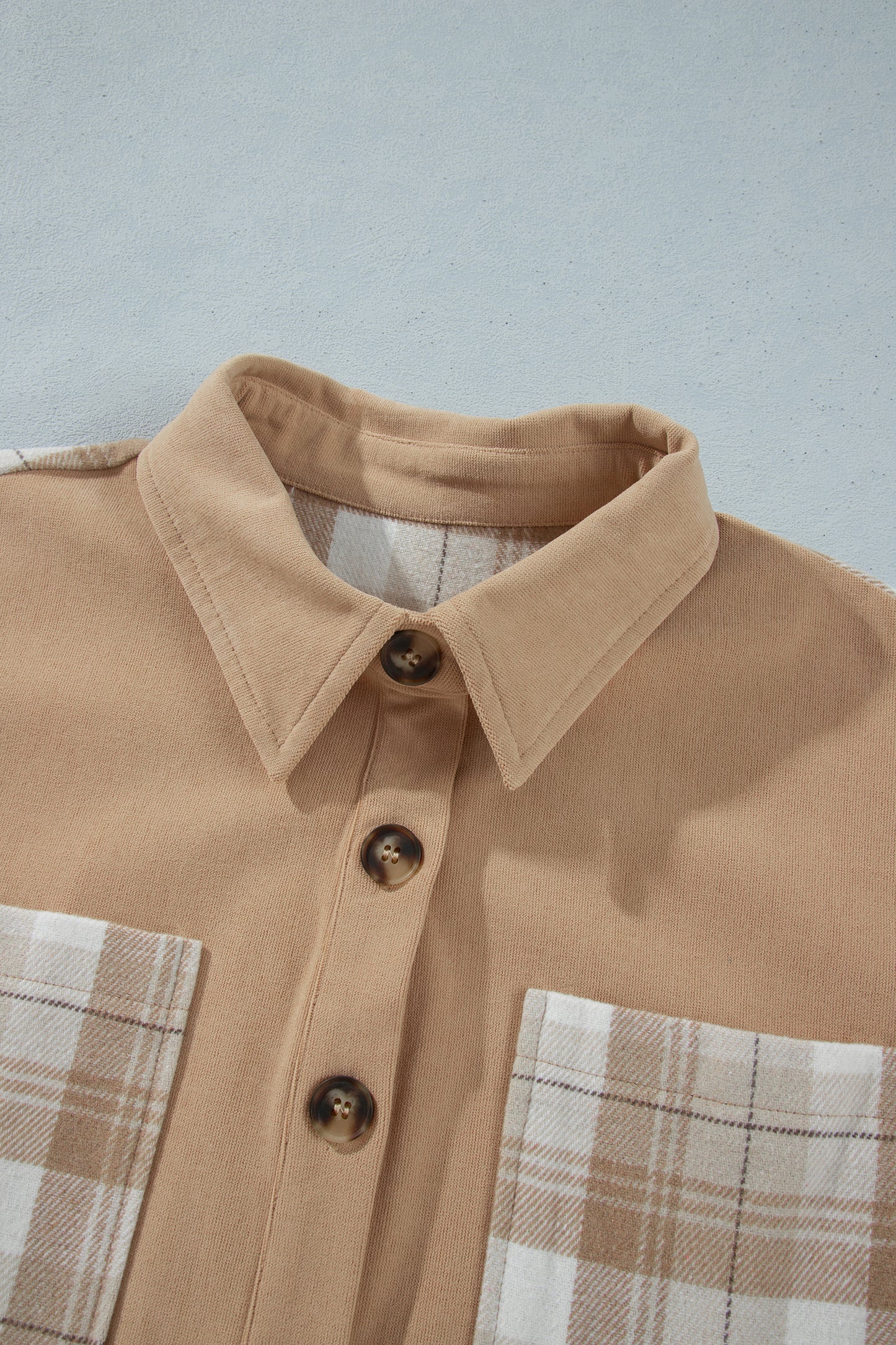 Light French Beige Plaid Colorblock Shirt Collar Shift Shacket-Outerwear/Jackets-[Adult]-[Female]-2022 Online Blue Zone Planet