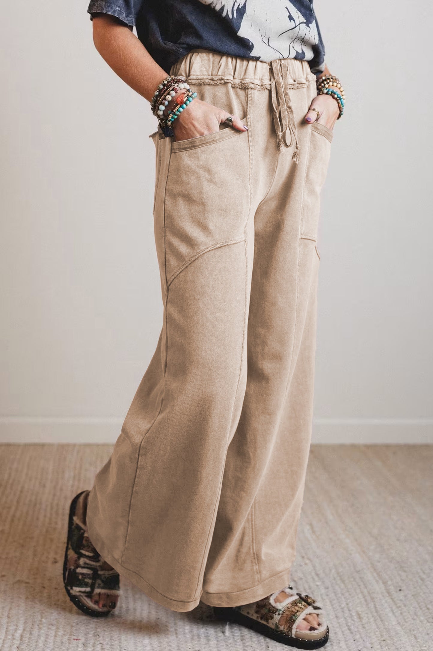 Smoke Gray Mineral Wash Drawstring Retro High Waist Wide Leg Western Pants-Bottoms/Pants & Culotte-[Adult]-[Female]-2022 Online Blue Zone Planet