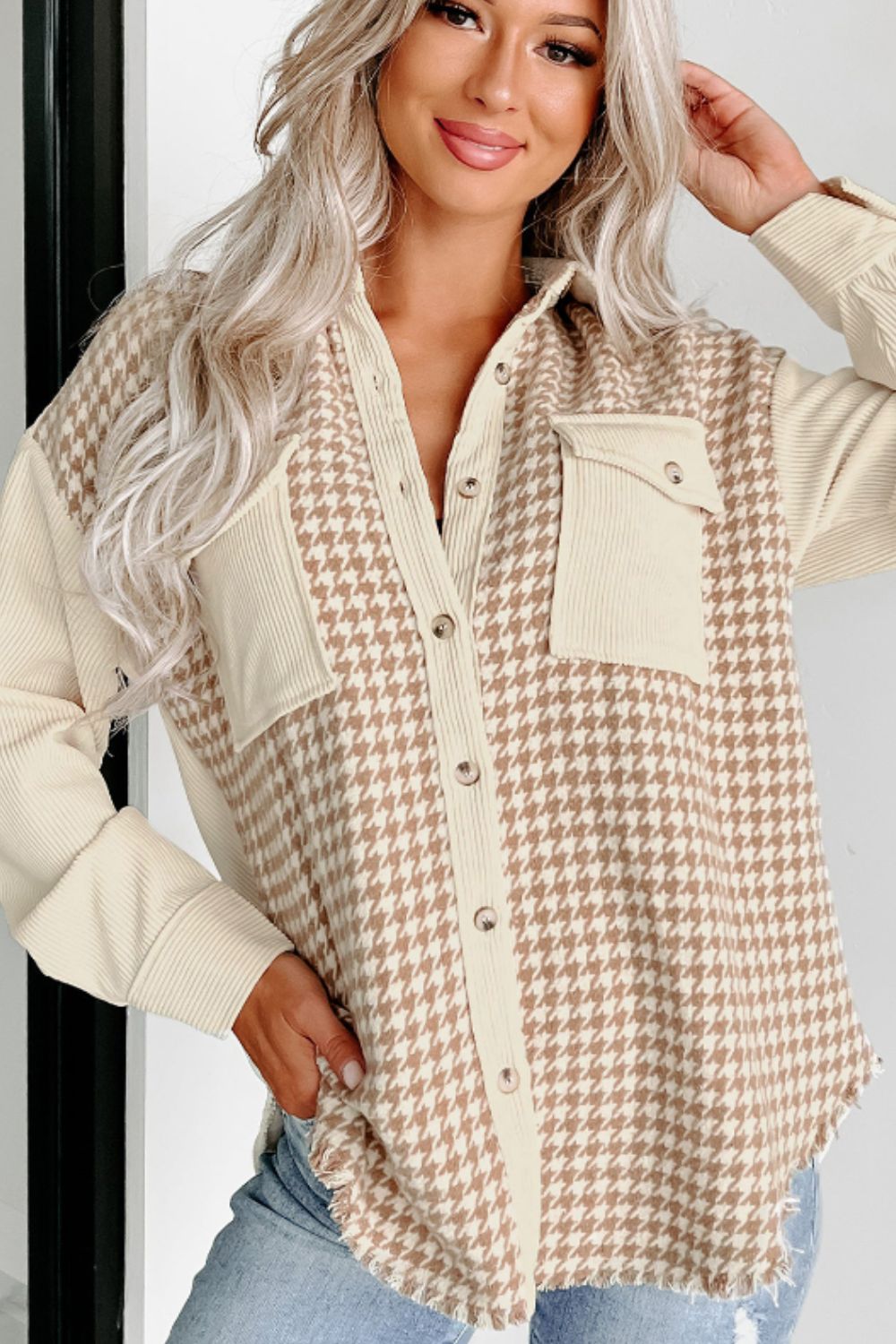 Blue Zone Planet | Houndstooth Button Up Long Sleeve Jacket-TOPS / DRESSES-[Adult]-[Female]-2022 Online Blue Zone Planet