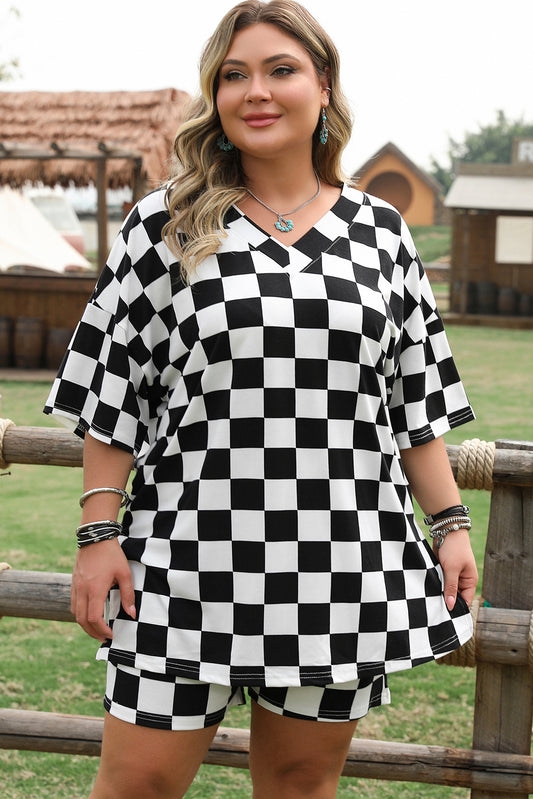 Black Checkered Pattern Tee And Shorts Plus Size Two Piece Set-Plus Size/Plus Size Loungewear-[Adult]-[Female]-2022 Online Blue Zone Planet