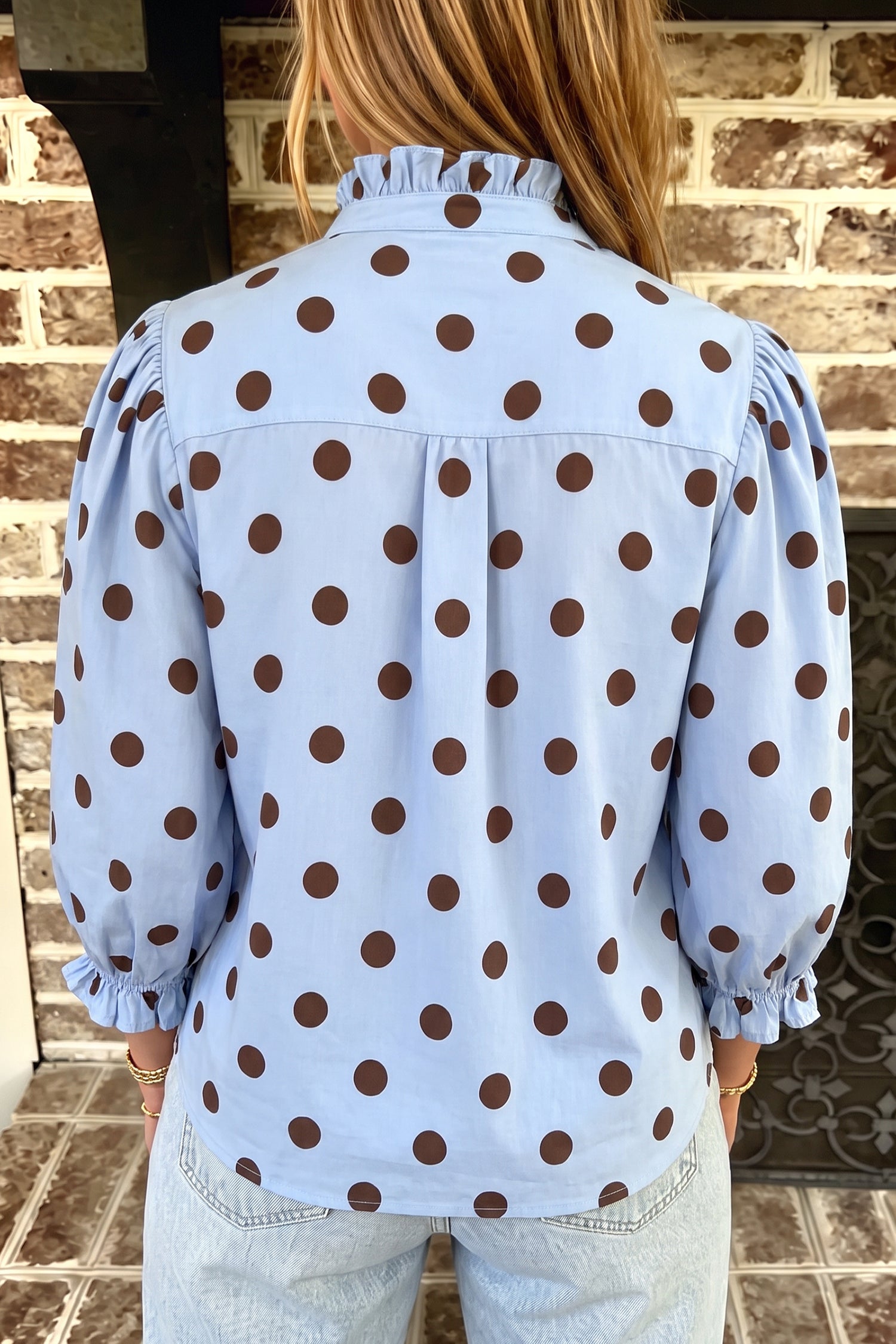 Fiery Red Polka Dot Striped Print Ruffle Stand Neck 3/4 Sleeve Shift Shirt-Tops/Blouses & Shirts-[Adult]-[Female]-2022 Online Blue Zone Planet