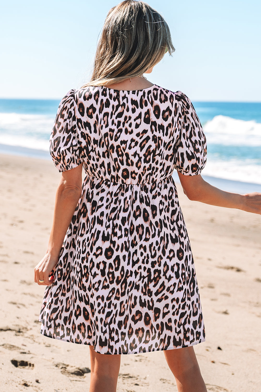 Brown Leopard Tied Front Keyhole Puff Short Sleeve Mini Dress-TOPS / DRESSES-[Adult]-[Female]-2022 Online Blue Zone Planet