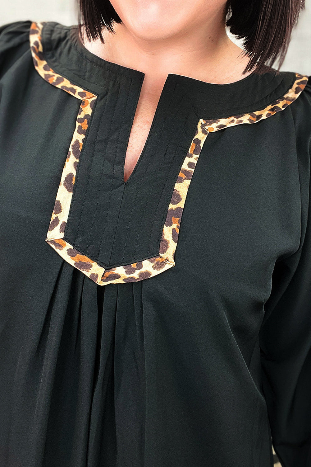 Black Plus Size Notched Neck Leopard Trim Flounce Long Sleeve Shift Dress-TOPS / DRESSES-[Adult]-[Female]-2022 Online Blue Zone Planet