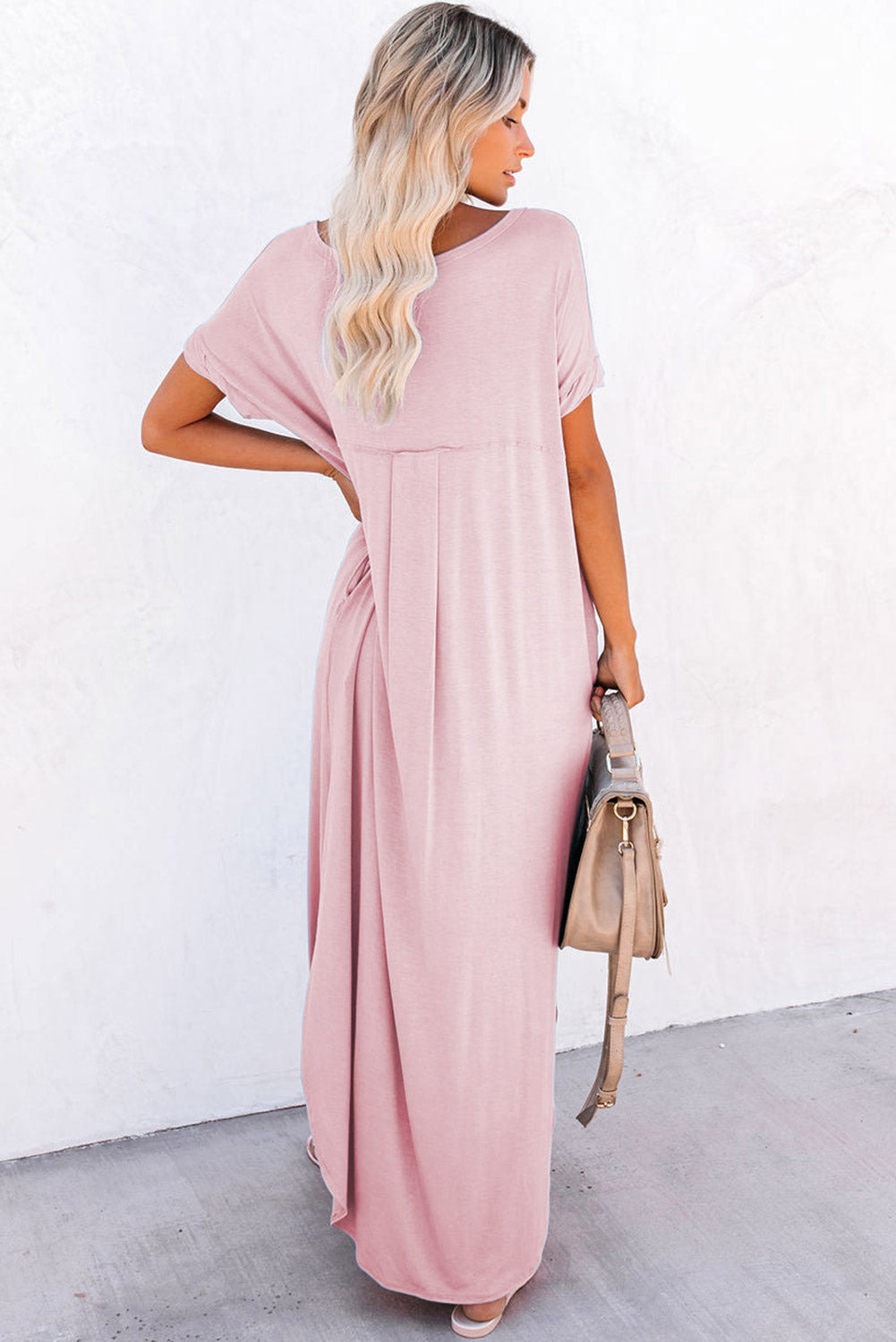 Pink V Neck Hidden Pocket Splits Maxi T-shirt Dress-TOPS / DRESSES-[Adult]-[Female]-2022 Online Blue Zone Planet