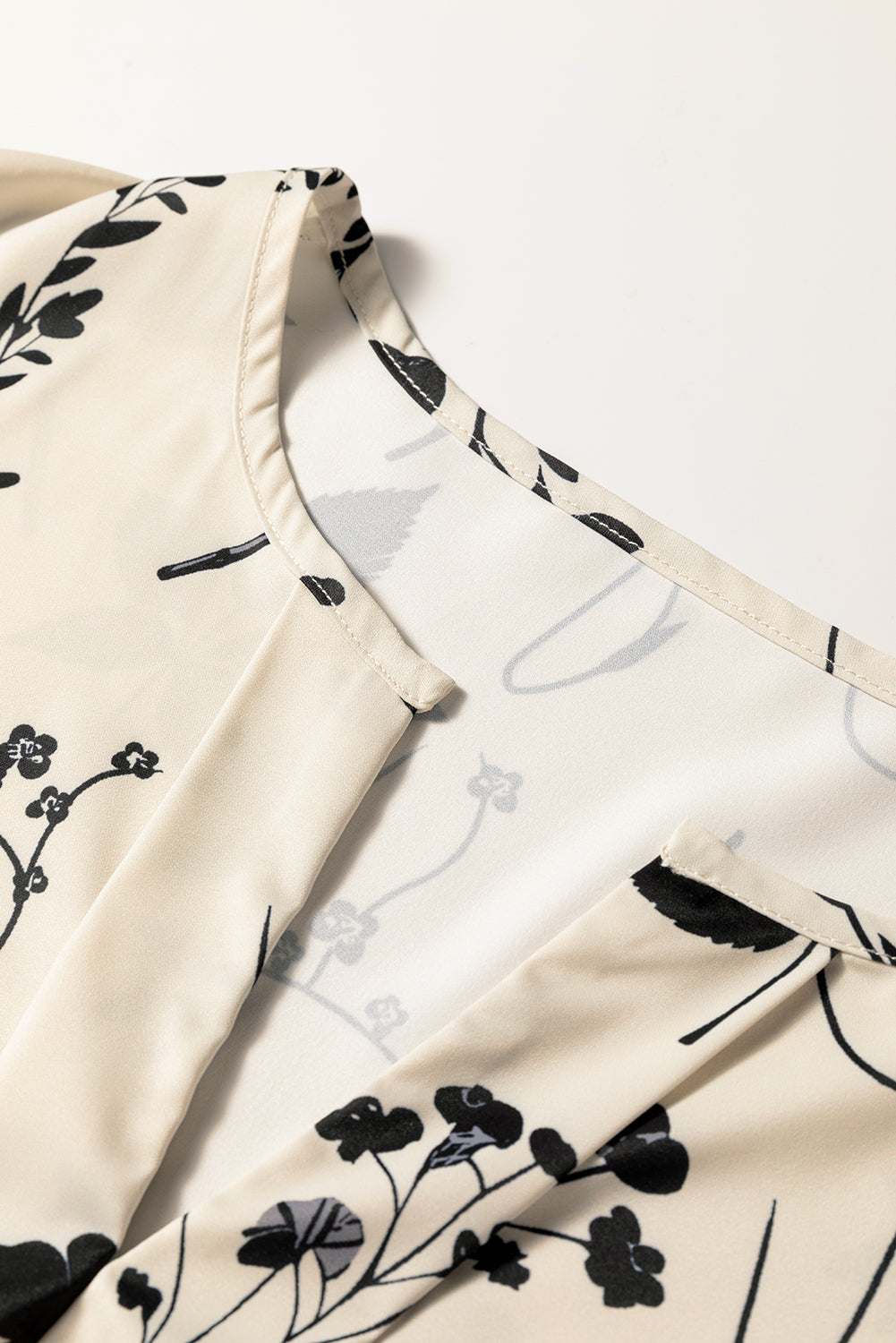 Khaki Botanical Floral Print Split Neck Long Sleeve Blouse-Tops/Blouses & Shirts-[Adult]-[Female]-2022 Online Blue Zone Planet