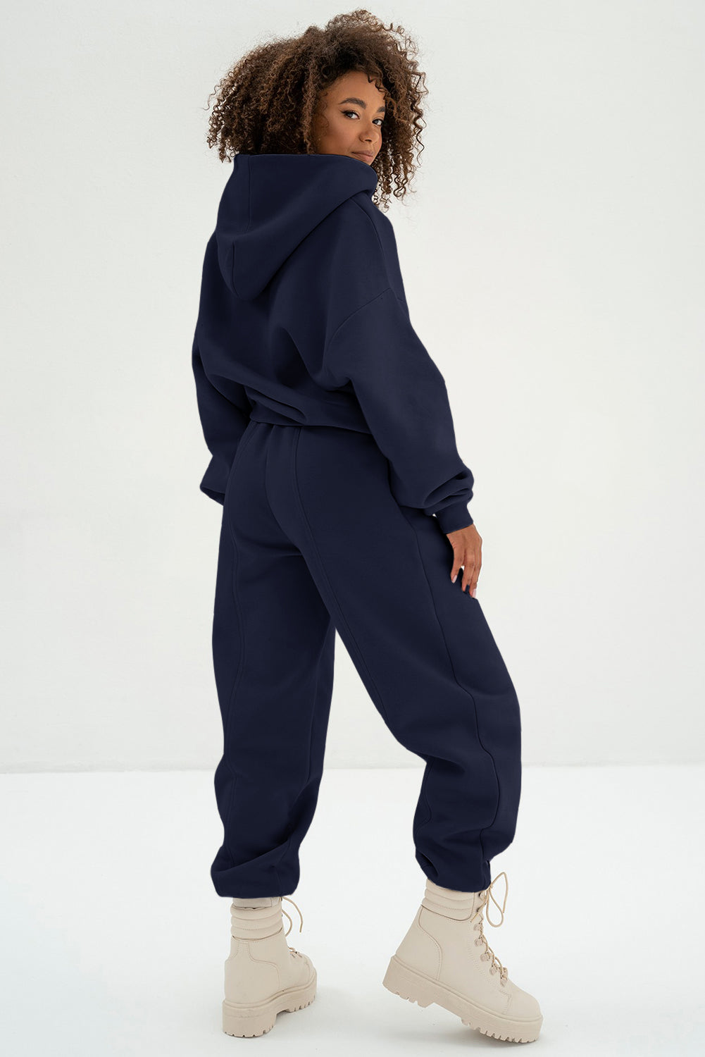 Navy Blue Solid Exposed Seams Hoodie and Joggers Activewear Set-Activewear/Activewear Sets-[Adult]-[Female]-2022 Online Blue Zone Planet